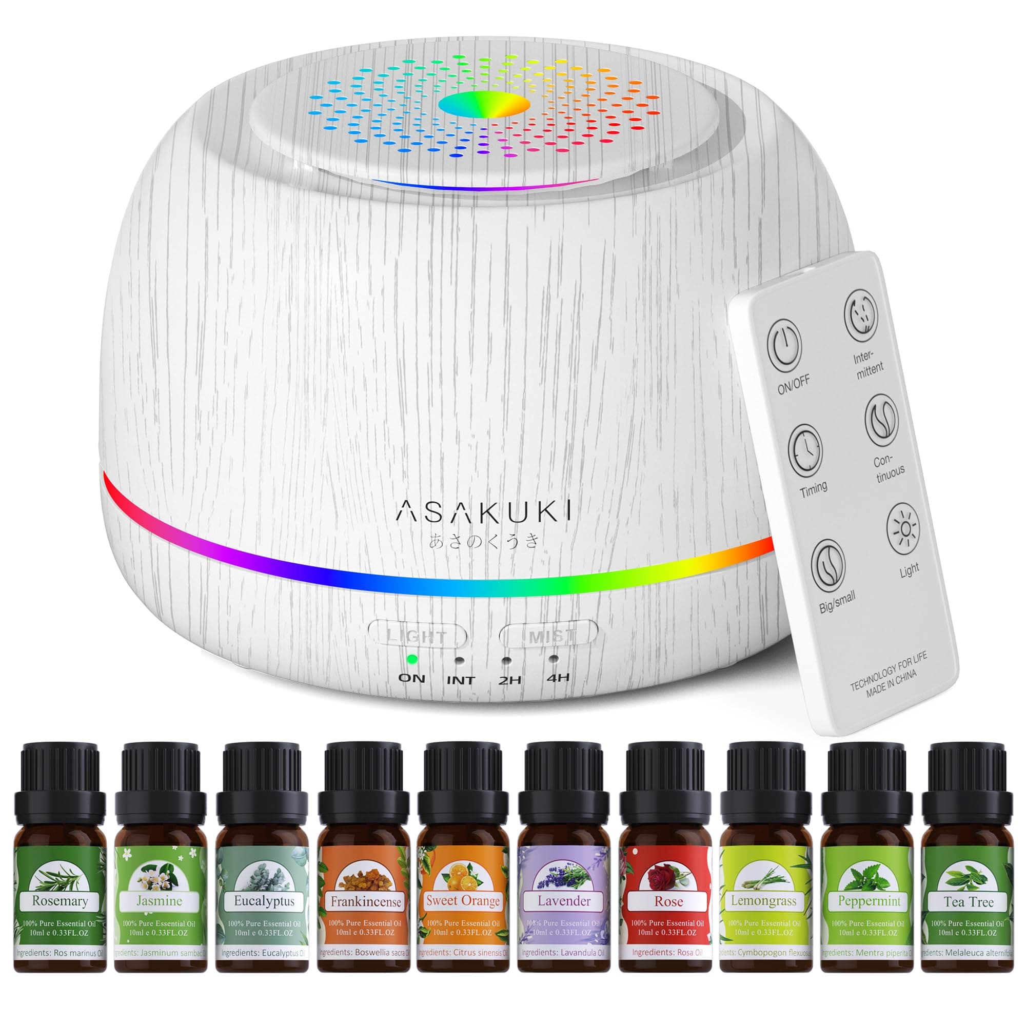 ASAKUKI300ml Premium, Essential Oil Diffuser with 10 Oils Set, Remote Control, 5 in 1 Ultrasonic Aromatherapy Fragrant Humidifier Vaporizer, Timer and Auto-Off, White Wood