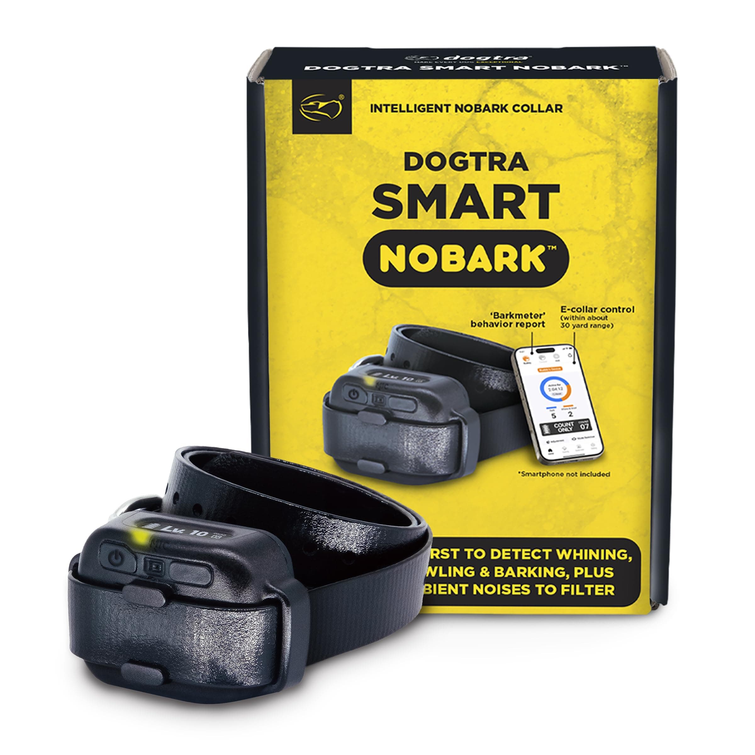 Dogtra Smart NOBARK E-Collar Waterproof, Medium Output with 10 Levels, Barkmeter Report via Smartphone, Detects Barking Types, 30 Yard Range, Compact Size for 10 lbs Dogs