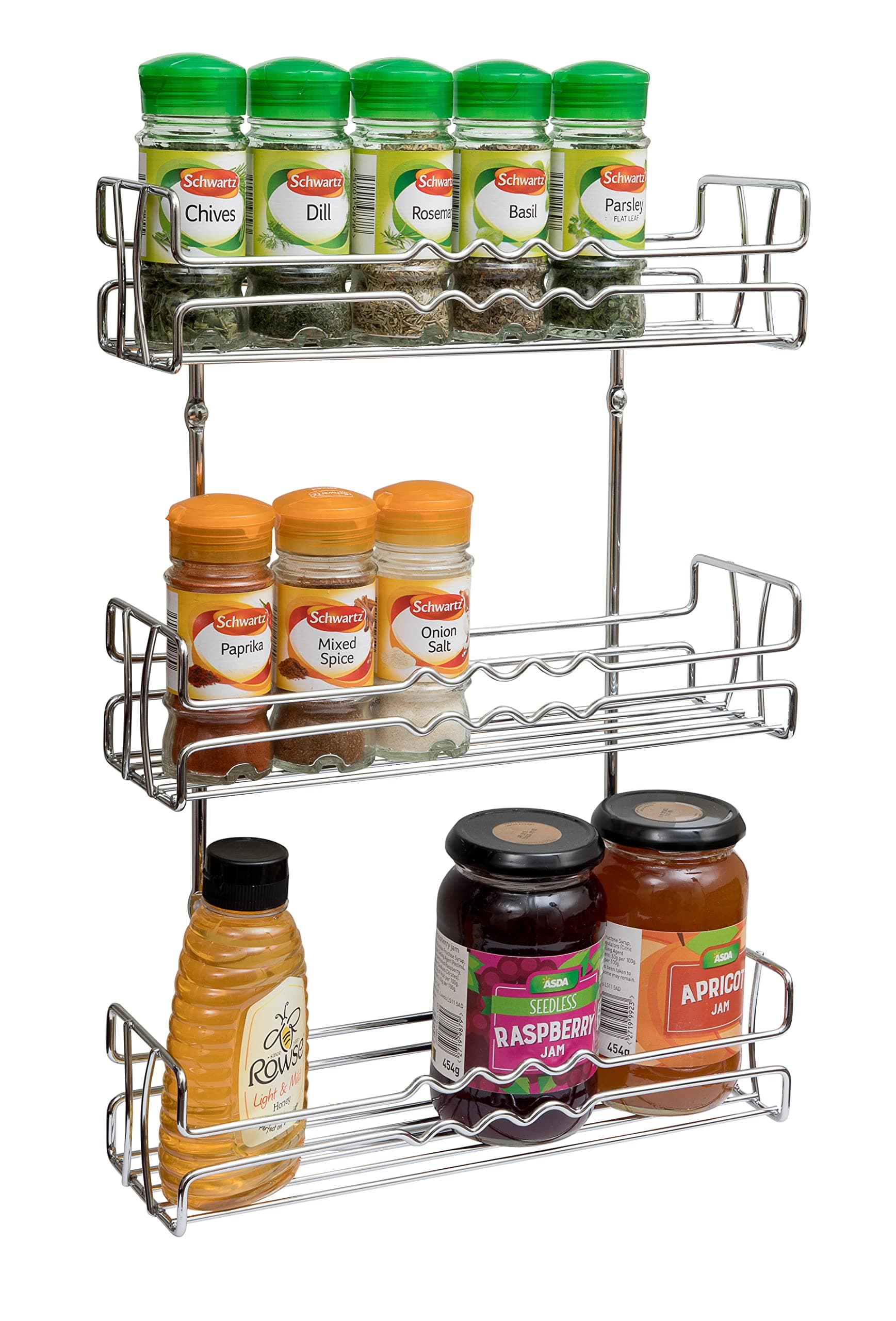 Spice Rack for Inside Cupboard Door Mount or Wall Mounted - Kitchen Storage Organiser, Space Saving Solution Unit for Herbs, Jars and Small Sauce Bottles - Hardware Included – 3 Tier Chrome