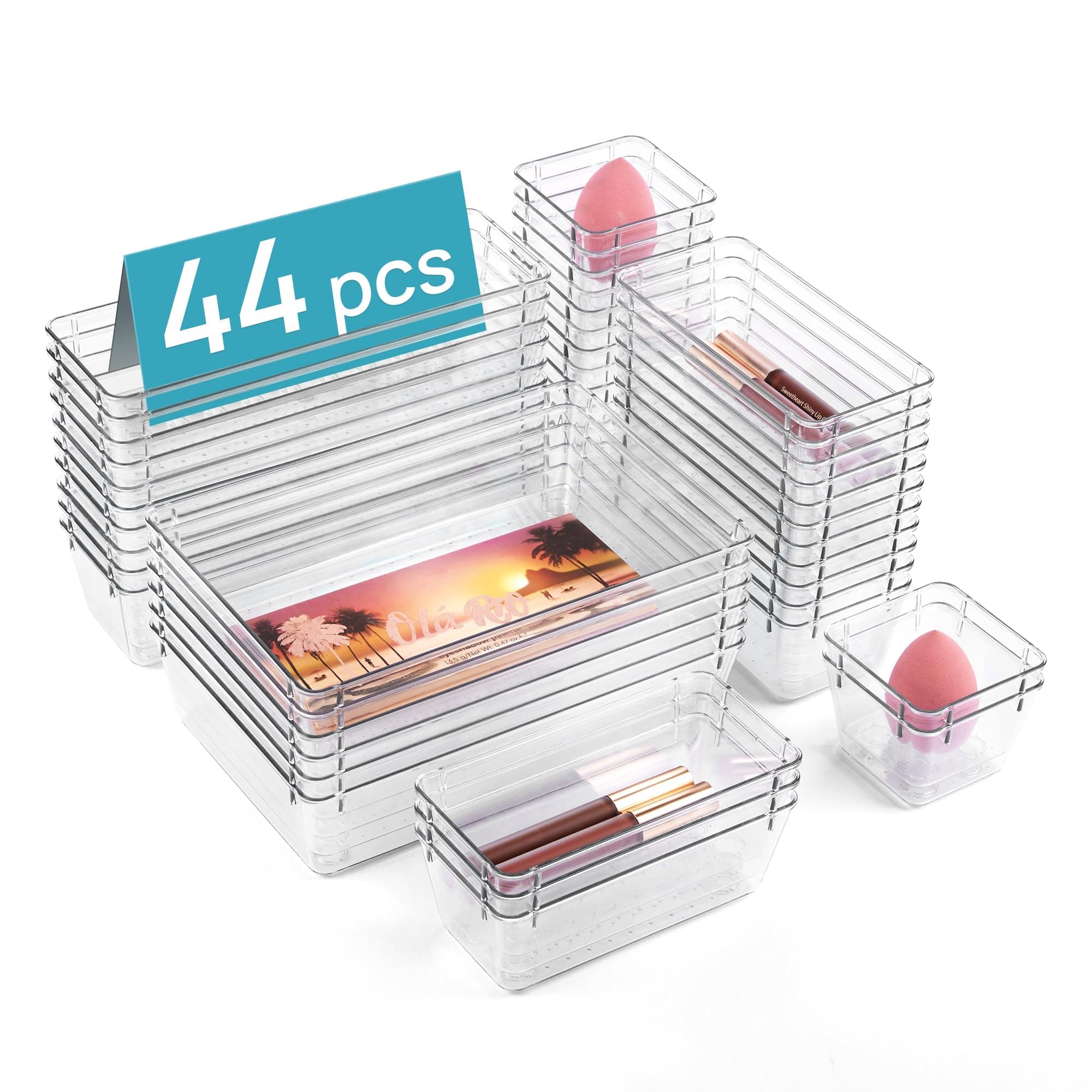 44 PCS Clear Plastic Drawer Organizers Set, 4-Size Versatile Bathroom and Vanity Organizer Trays, Non-Slip Storage Containers for Makeup, Jewelries, Bedroom，Kitchen Utensils and Office