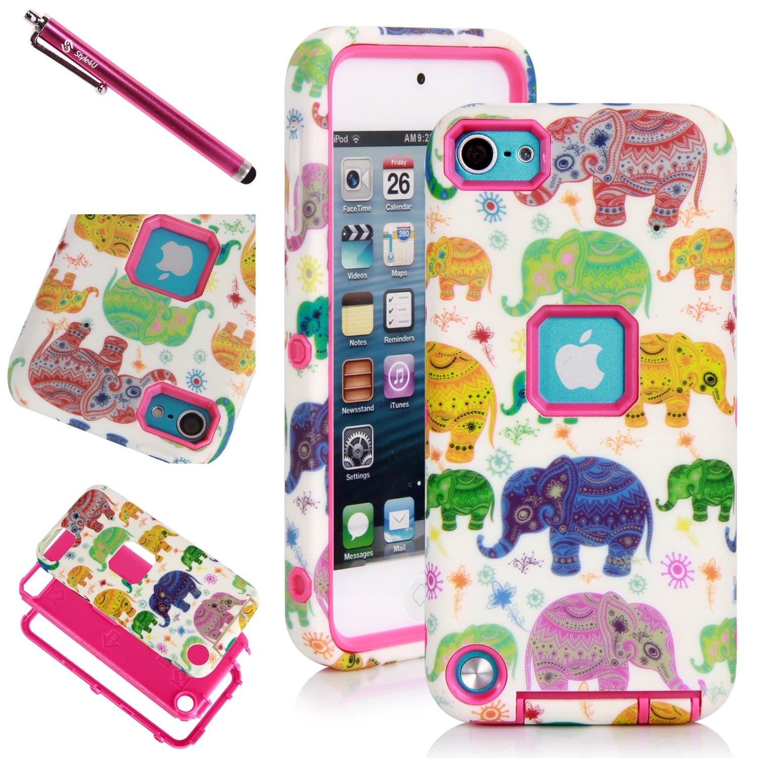 iPod Touch 5 Case, iPod Touch 5 Armor Case - Style4U Drop Protection Dual Layer Hard and Soft Hybrid Case for Apple iPod Touch 5 Cover with 1 Stylus [Elephant Hot Pink]