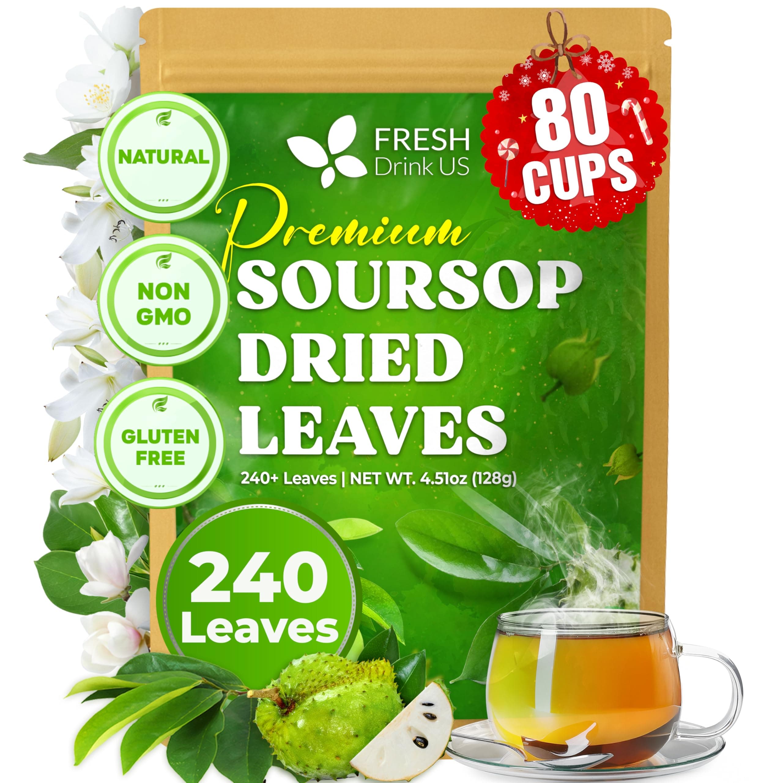 FreshDrinkUS, 240+ Premium Soursop Graviola Dried Leaves Tea, 230-250 Whole S...