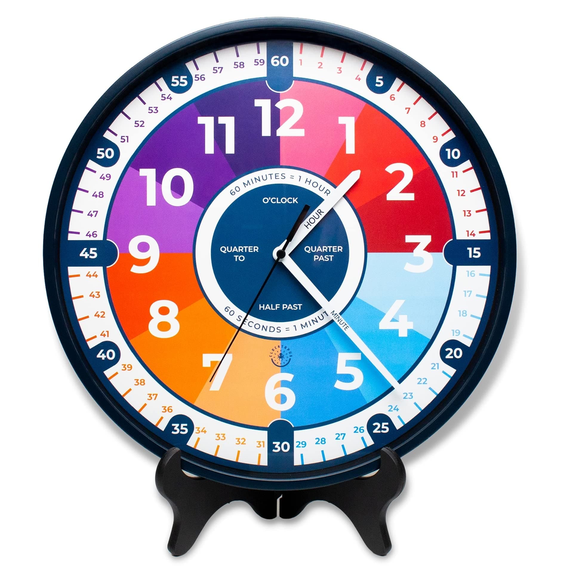 CLOCKTOPUS Kids Learning Clock. Wall Clock Silent with Stand. Analog Clock Telling Time Teaching Clock for Kids. Educational Clock for Kid Playroom Decor, Classroom Clock, Homeschooling Supplies