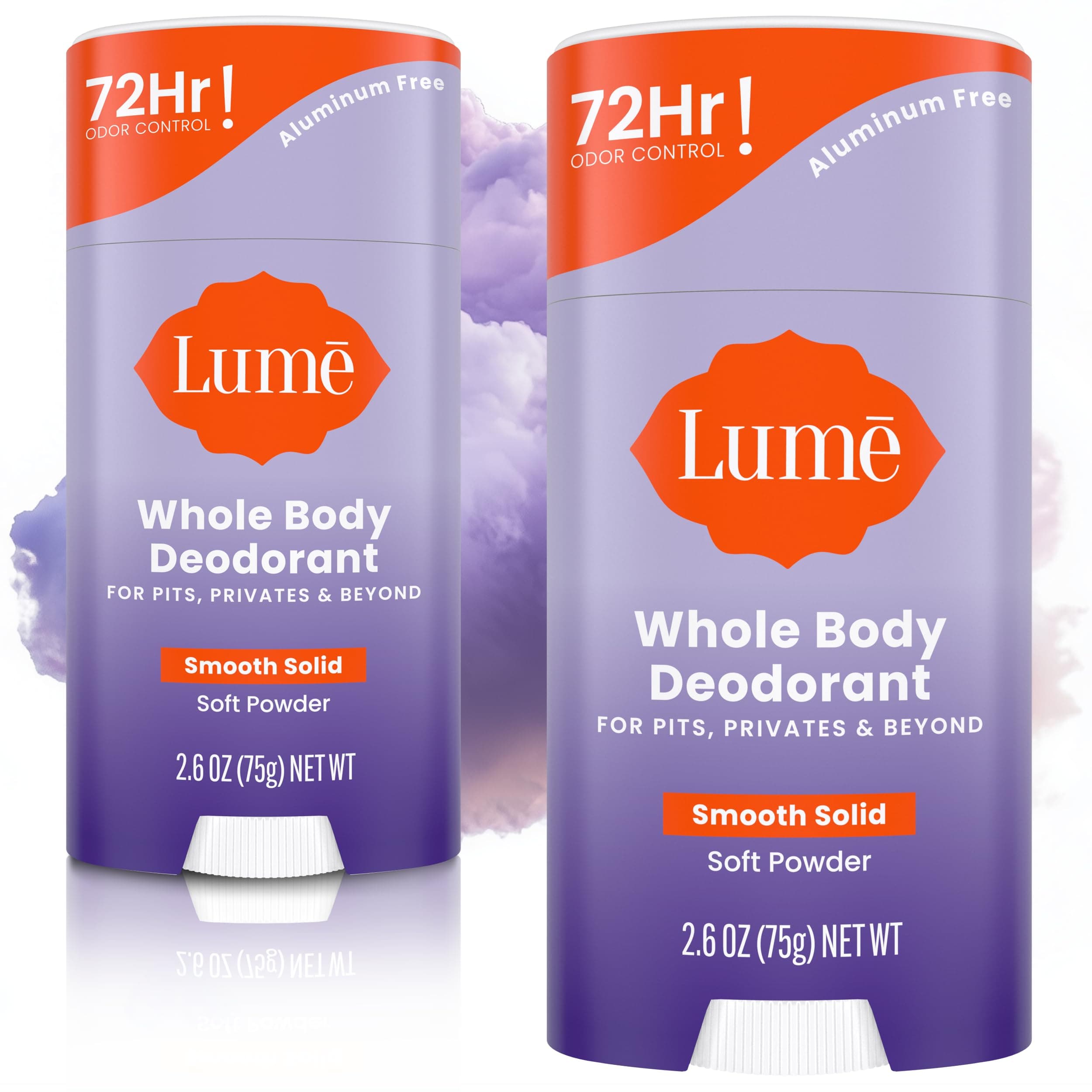 Lume Full Body Deodorant - Soft Solid Bar - 72 Hour Odor Control - Aluminium-Free, Bicarbonate Free and Skin Safe - 2.6oz (Pack of 2) (Soft Powder)