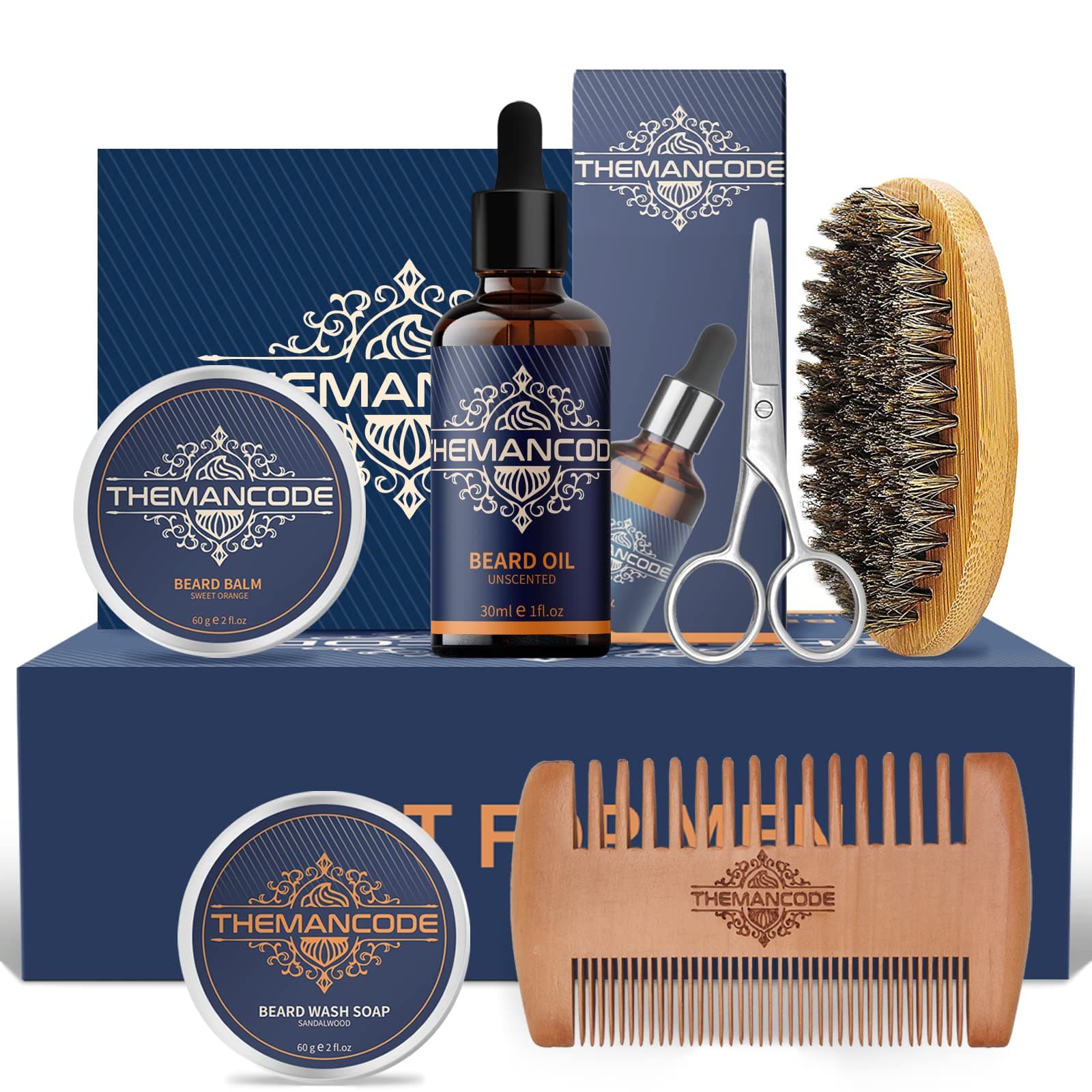 THEMANCODE Beard Grooming Kit w/ Beard Wash Soap, Beard Oil, Beard Conditioner Balm, Beard Brush, Beard Comb, Beard Shaving Scissors, Beard Growth Beard Care Gifts for Men