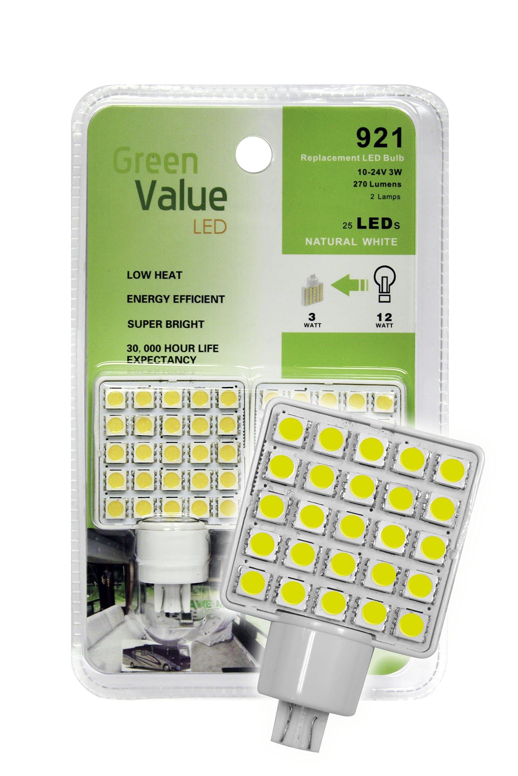 LED 25008V Natural White 2-Pack LED Replacement Light Bulb Wedge Base Without Lens (921 Base)