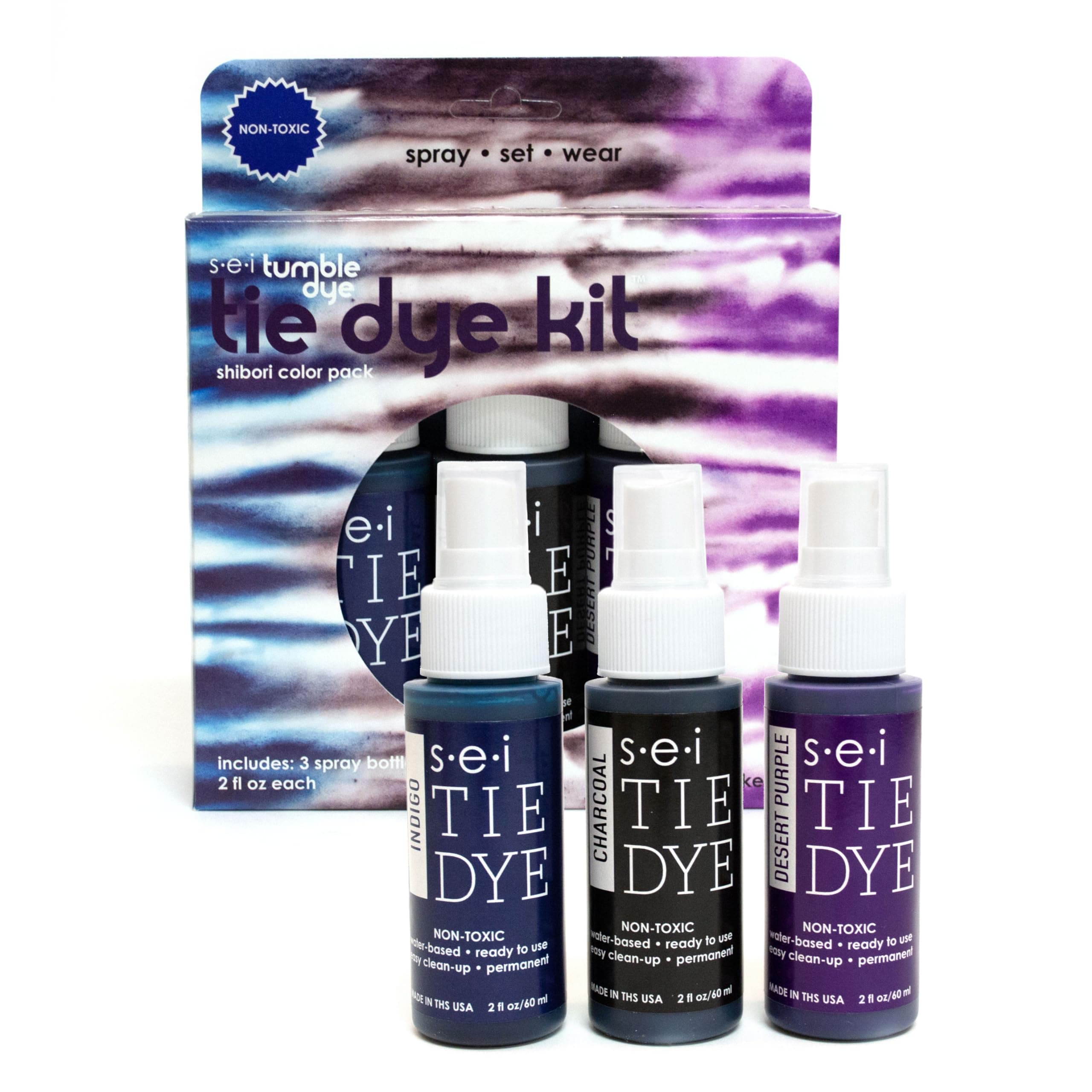 S.E.I. Shibori Tie Dye Kit 3 Pack: Pre-Mixed Spray Tie Dye Kit, Easy-to-Use, Non-Toxic Fabric Dye in Indigo, Purple, and Black, Shake and Spray