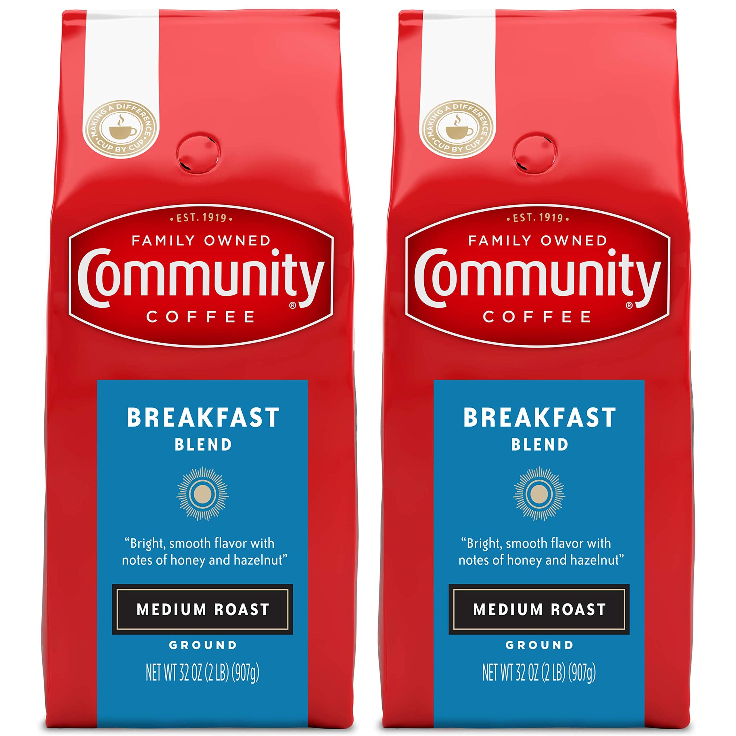 Community Coffee Breakfast Blend Medium Roast Premium Ground 32 Oz Bag (2 Pack), Medium Full Body Smooth Bright Taste, 100% Select Arabica Coffee Beans