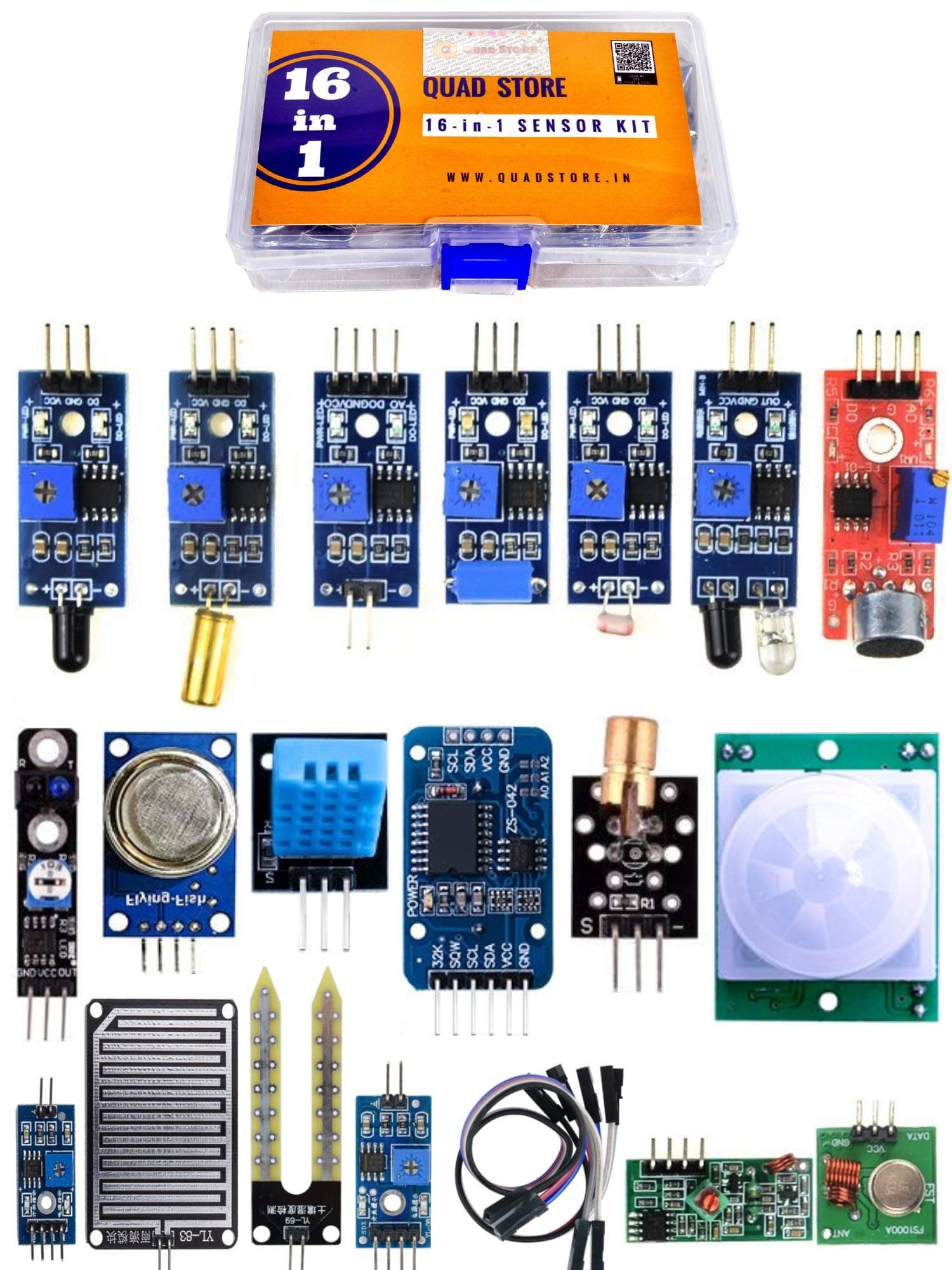 Quad Store 16 in 1 Sensor Modules Kit Compatible with Arduino Uno R3, Uno R4 Minima, R4 WiFi, Mega 2560, Nano, ESP32, Raspberry Pi and NodeMCU