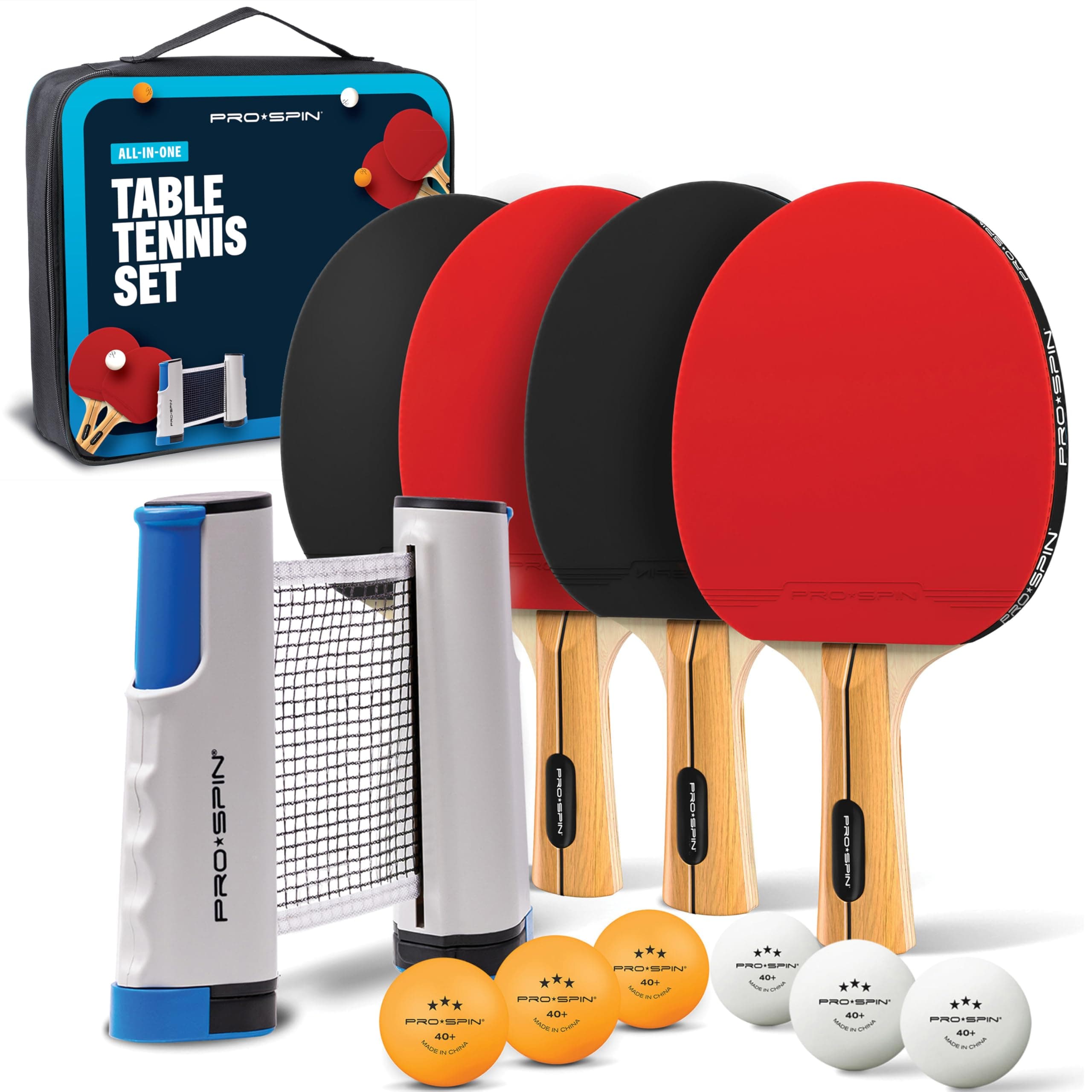 PRO-SPIN All-in-One Portable Ping Pong Paddle Set | Table Tennis Set with Retractable Ping Pong Net (Up to 72" Width) | Premium Paddle 3 Star Ball | Storage Case | Family Fun | Gift