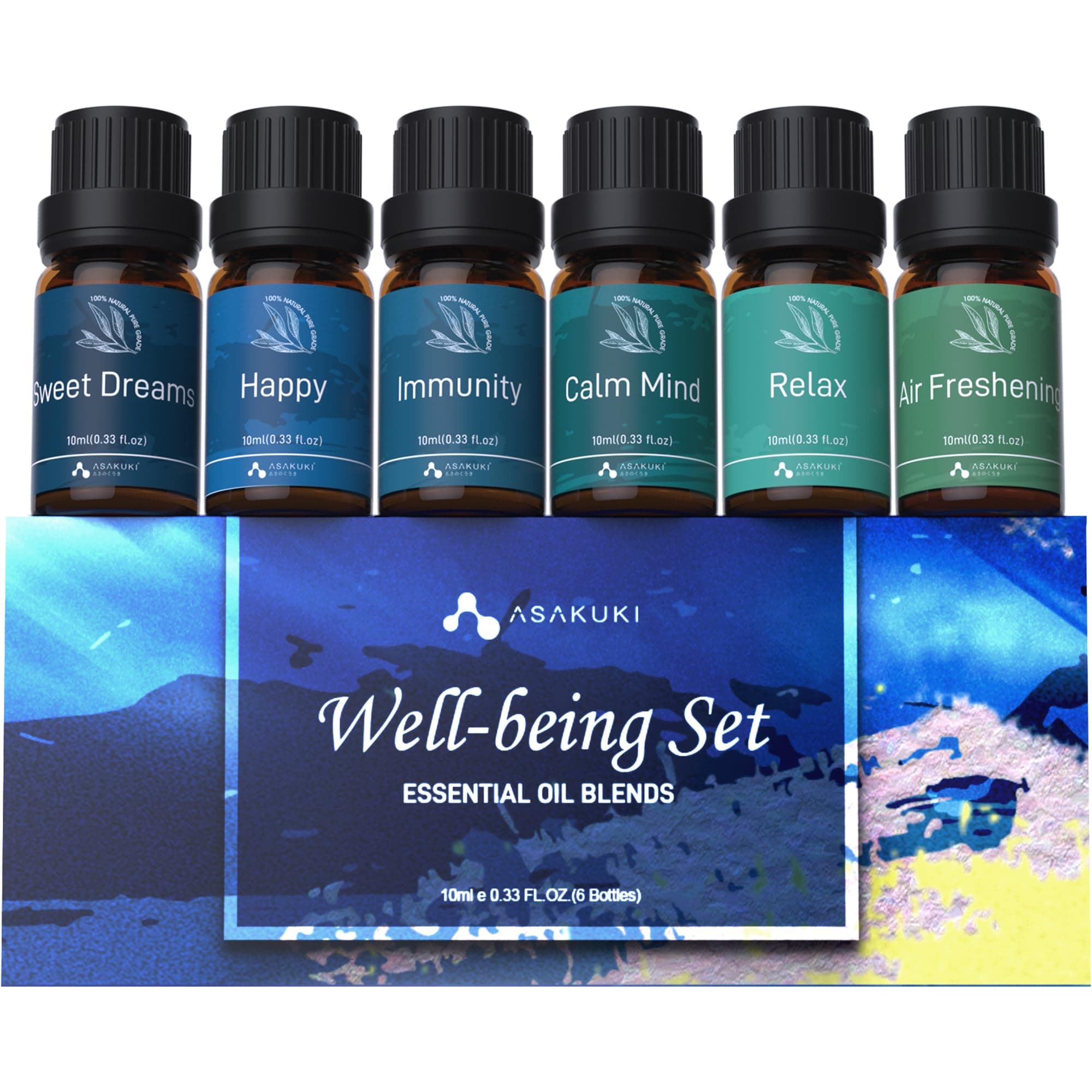 Essential Oils, Essential Oil for Diffusers for Home, Well-Being Kit Gifts for Mom- Calm Mind, Sweet Dreams, Happy, Relax, Air Freshening, Immunity for Aromatherapy, Humidifiers, 6x10ml