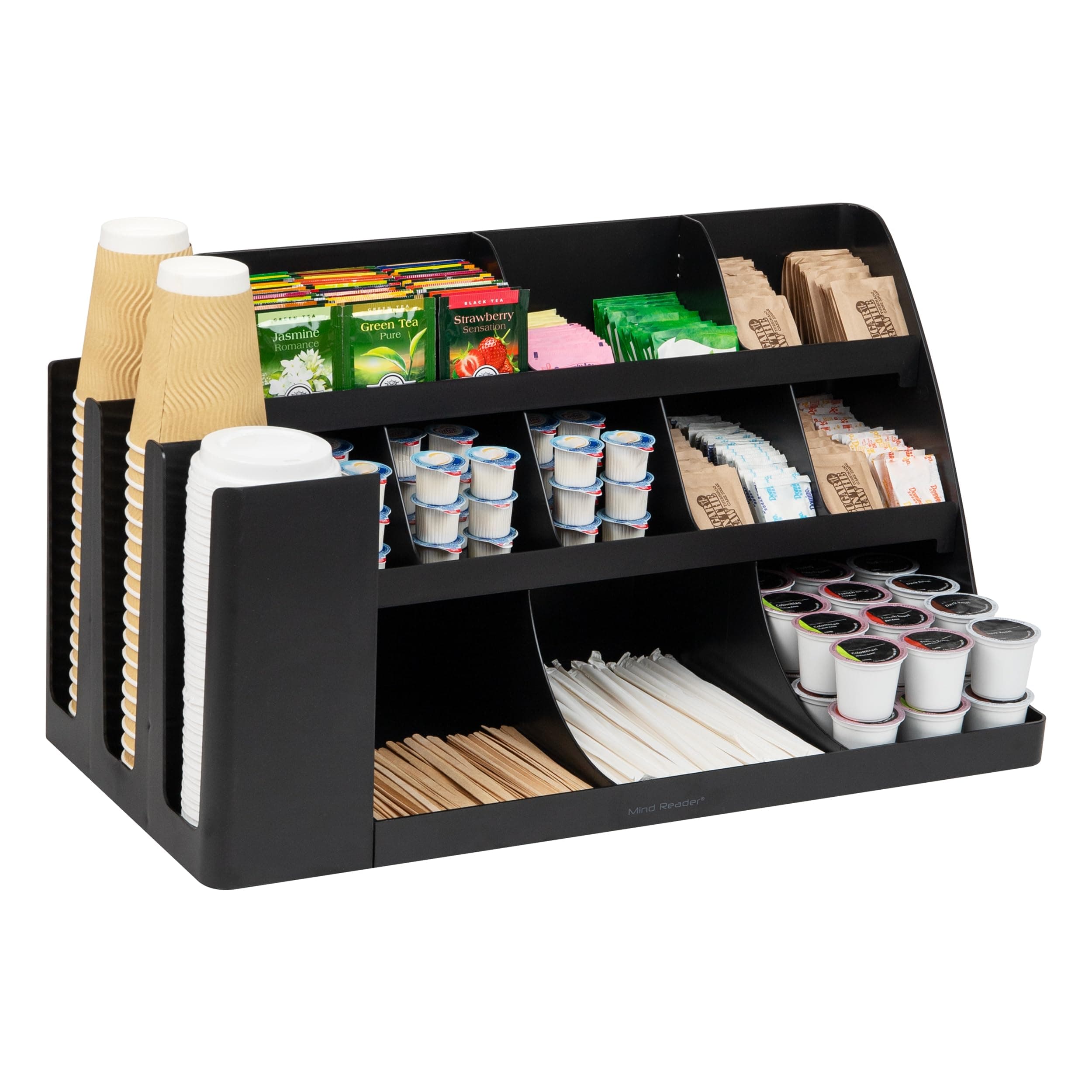 14 Compartment 3 Tier Large Breakroom Coffee Condiment Organizer, Black