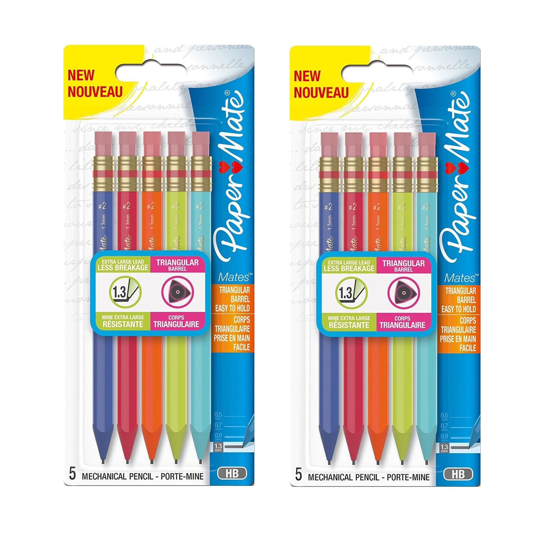 2 x PaperMate® Mechanical Pencil Multicolour 5 Pack Set - Triangular Easy Hold Barrel - 1.3mm HB Point - Refillable Mechanical Pencils
