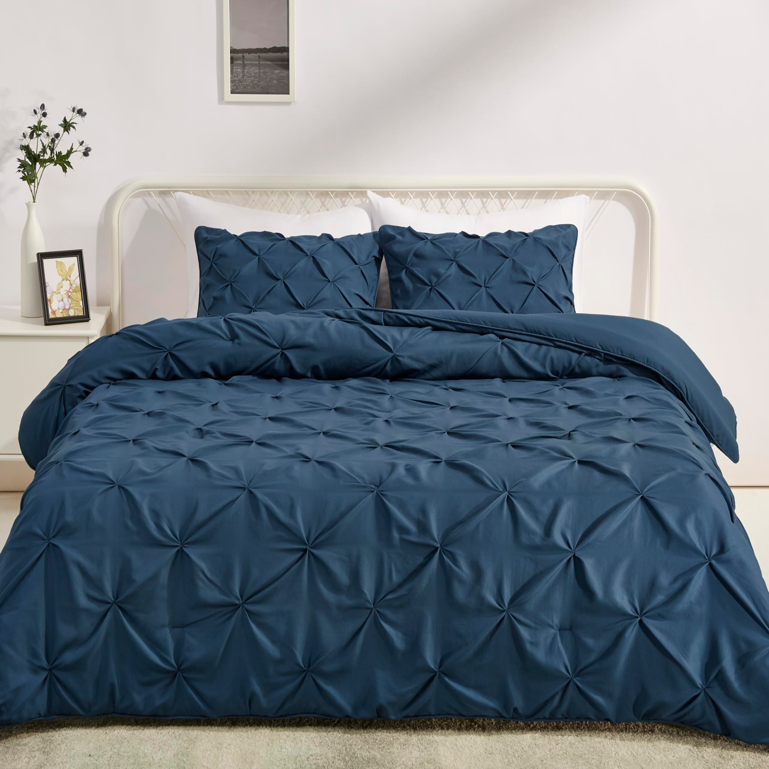 All-Season Down-Alternative 3-Piece Comforter Bedding Set, Soft Lightweight Microfiber, Pinch Pleat Design, Full/Queen, Navy Blue