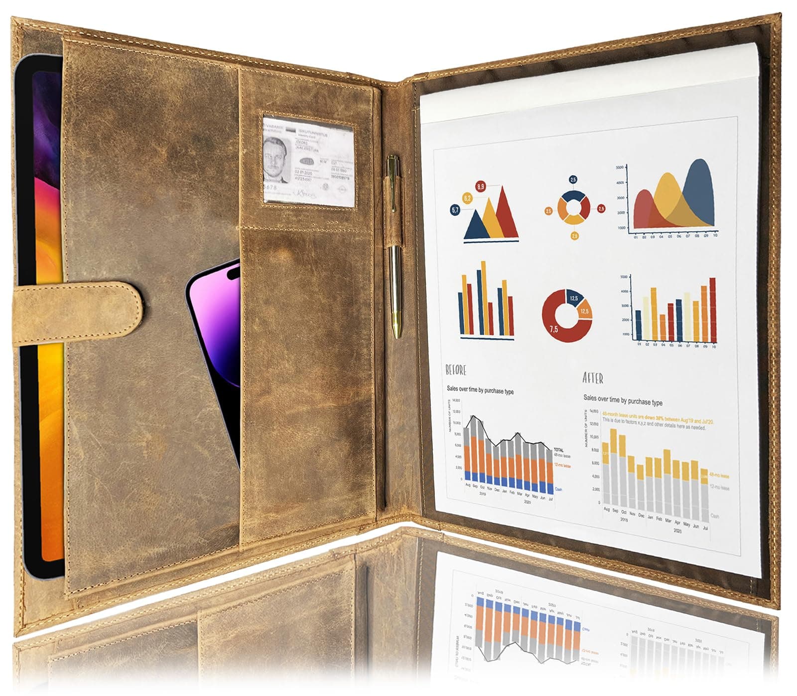 RUSTIC TOWN Handmade GENUINE LEATHER Business Portfolio | Professional Organizer Men & Women | Durable Leather Padfolio with Sleeves for documents and notepad (Brown)