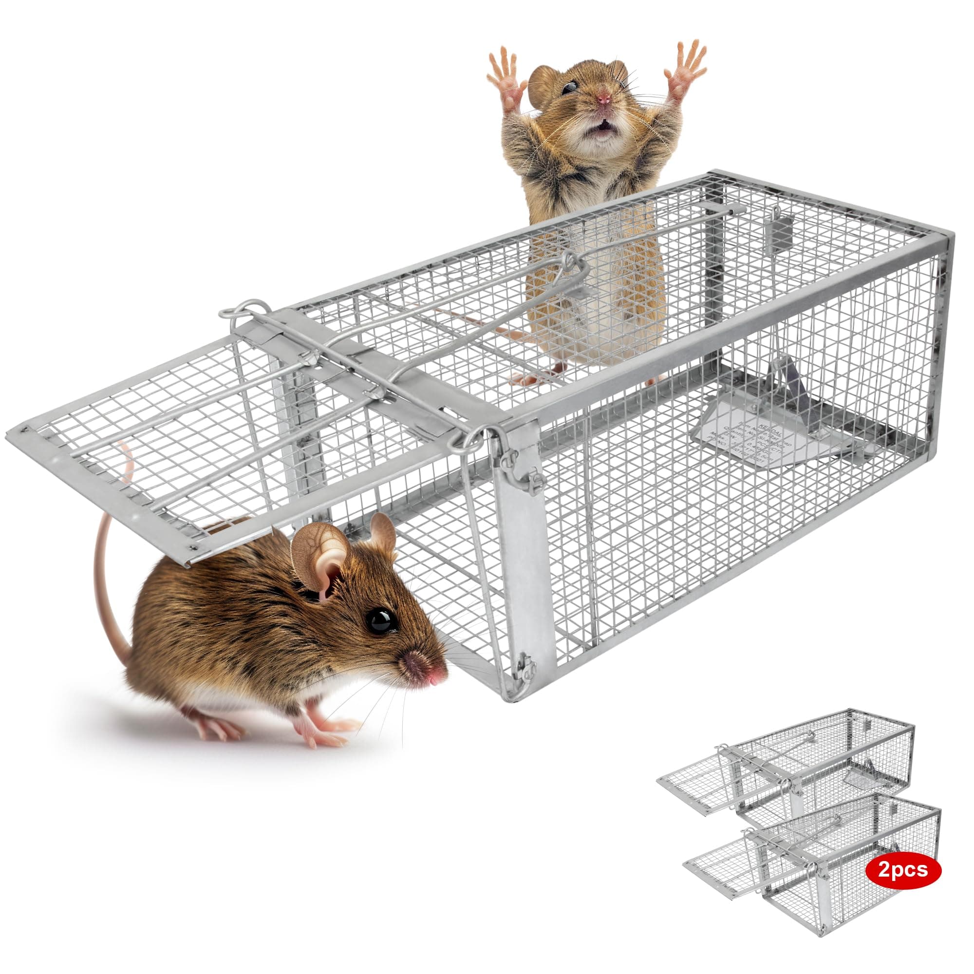 2-Pack H&B Rat Trap,Mouse Traps,Humane Live Animal Trap Cage,12.7X6.6 X5.2inch,Work for Indoor and Outdoor,Catch and Release Stray Cats,Squirrels and Rodents,Small(Silver)