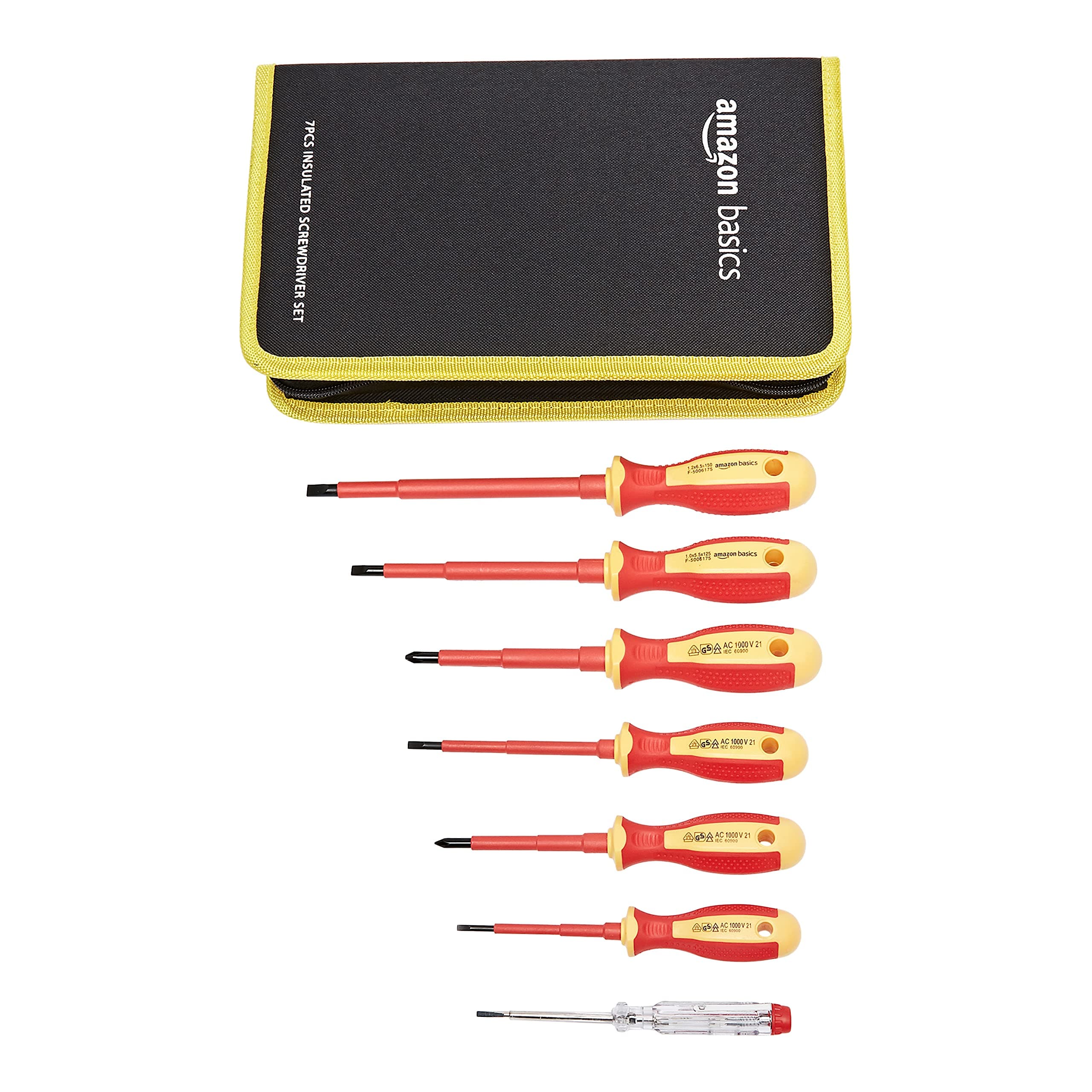 Amazon Basics 1000 Volt VDE Insulated 7-Piece Screwdriver Set including 1 Voltage Tester, Red & Yellow, 11.75 x 7.5 x 1.75 inches (LxWxH)