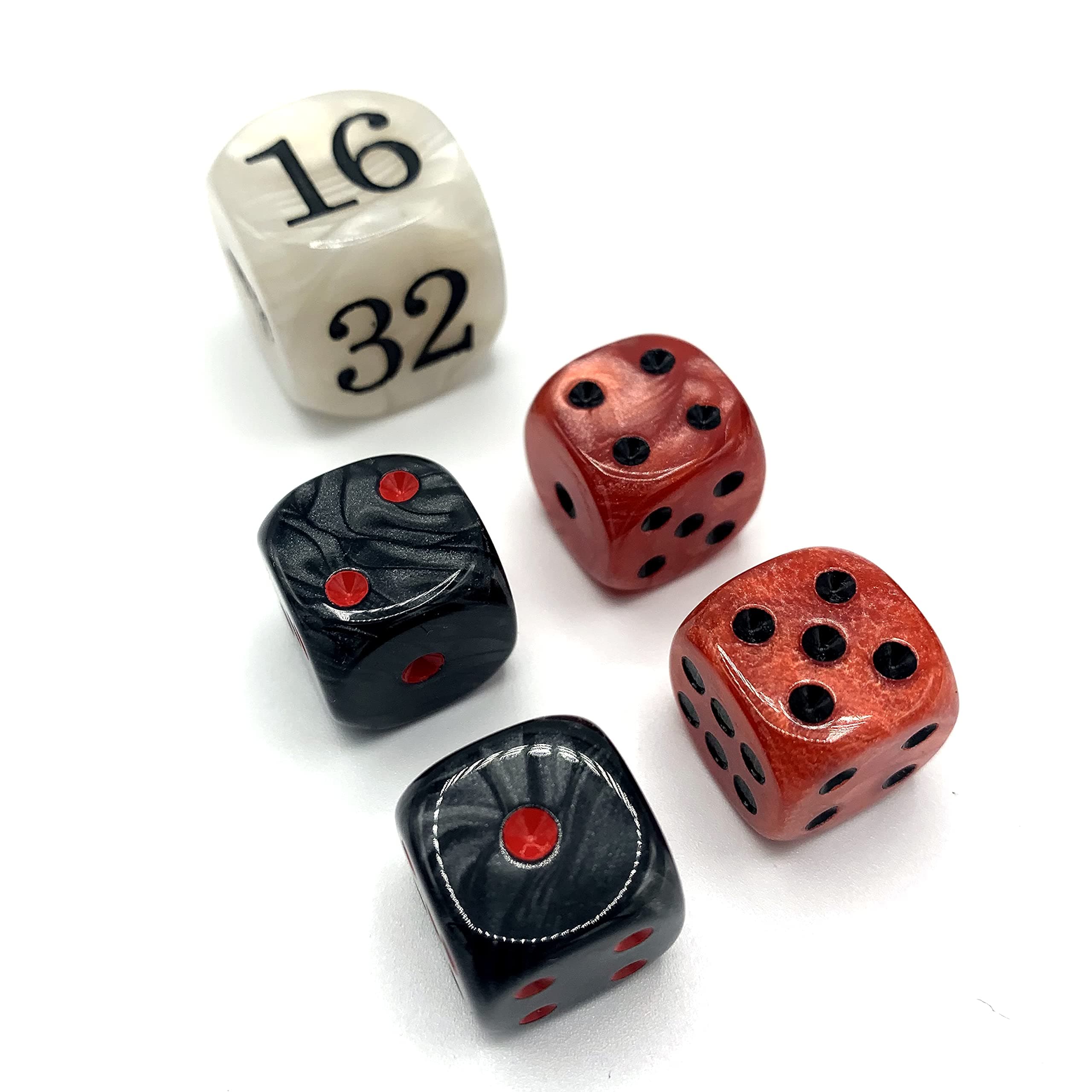 Luck Lab Backgammon Pearl Dice Set - 22 mm Doubling Cube Plus Four 16 mm Dice with Storage Bag, Red/White Marbelized