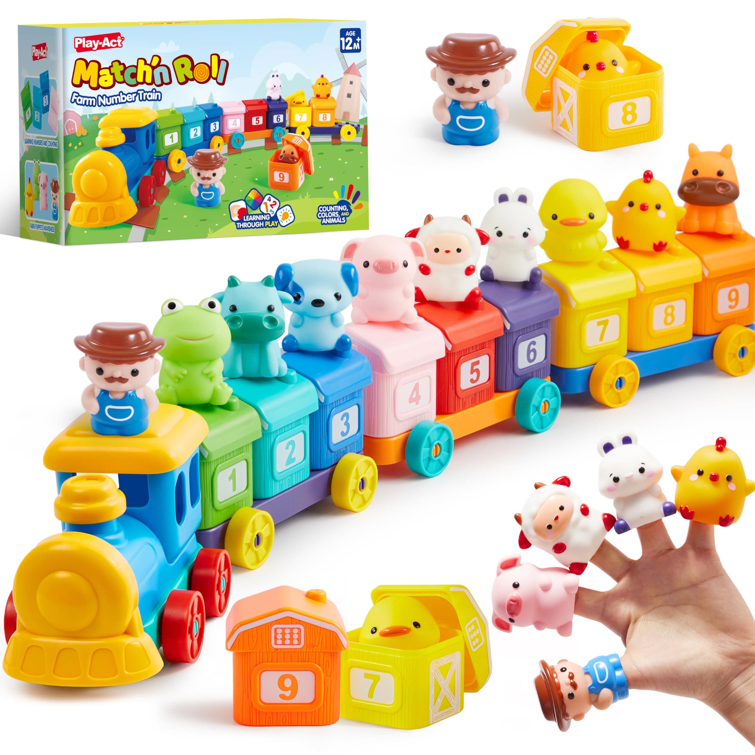 Montessori farm train for counting, combining and sorting, includes 9 farm animals and 1 farmer, learning for children 1-3 years old