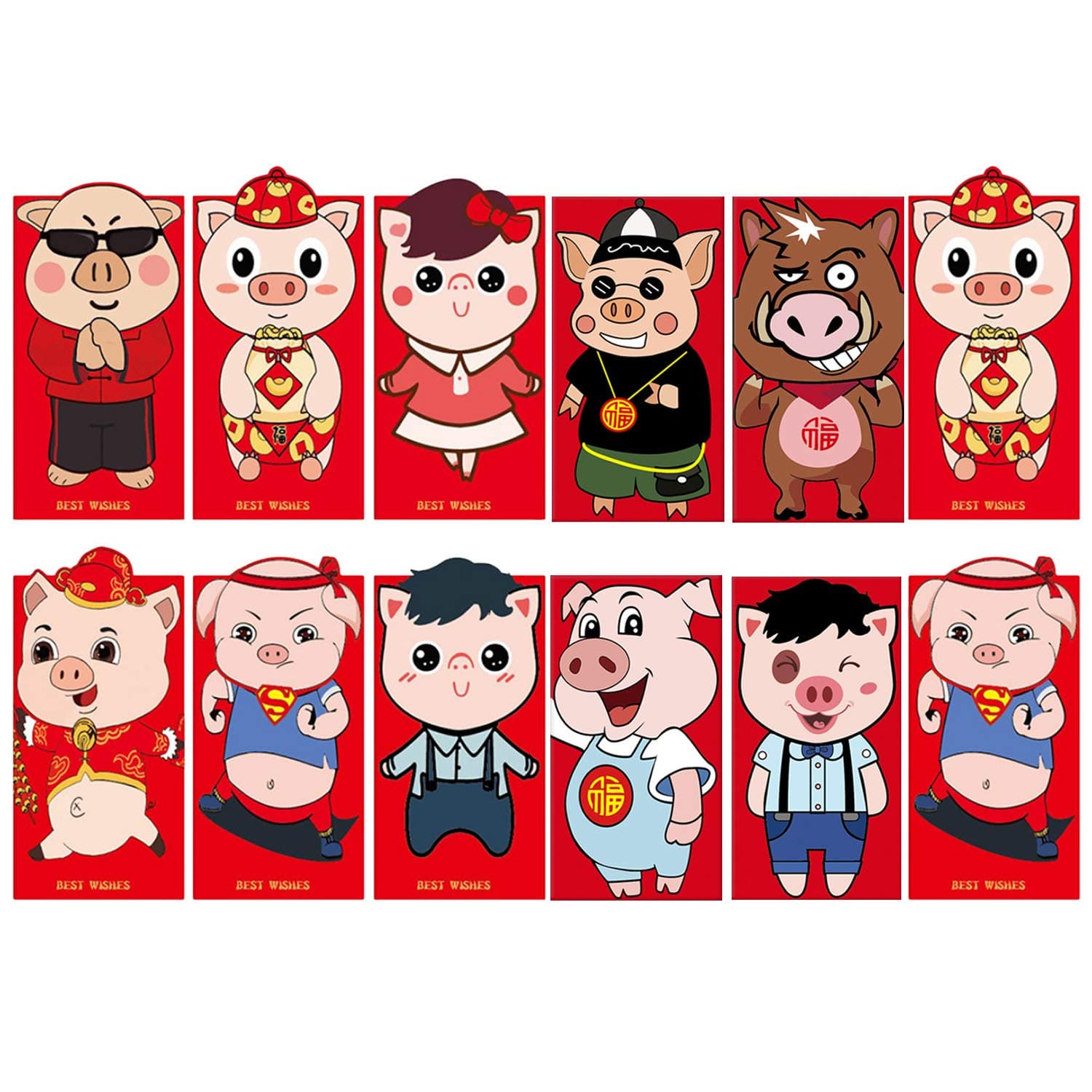 Winthai red envelopes, invitation red, 12 pieces, different patterns, 2019, Chinese pig, new year, spring festival, red envelopes Hong Bao lucky packets, 17 x 9 cm, vertical.