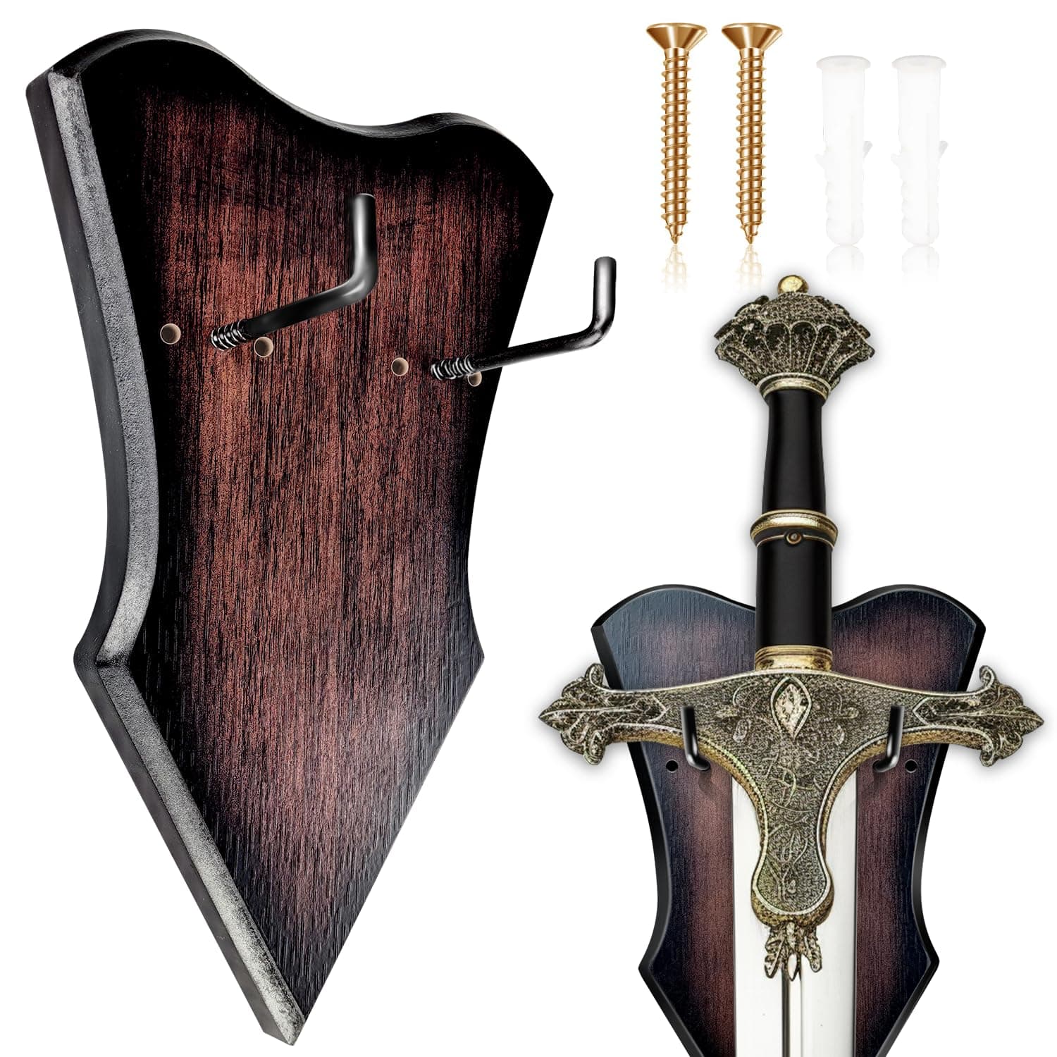 Sword Plaque Wall Mount Vertical Display Holder Adjustable Stand for Bow Medieval Dagger Axe (1pcs Medium Brown)