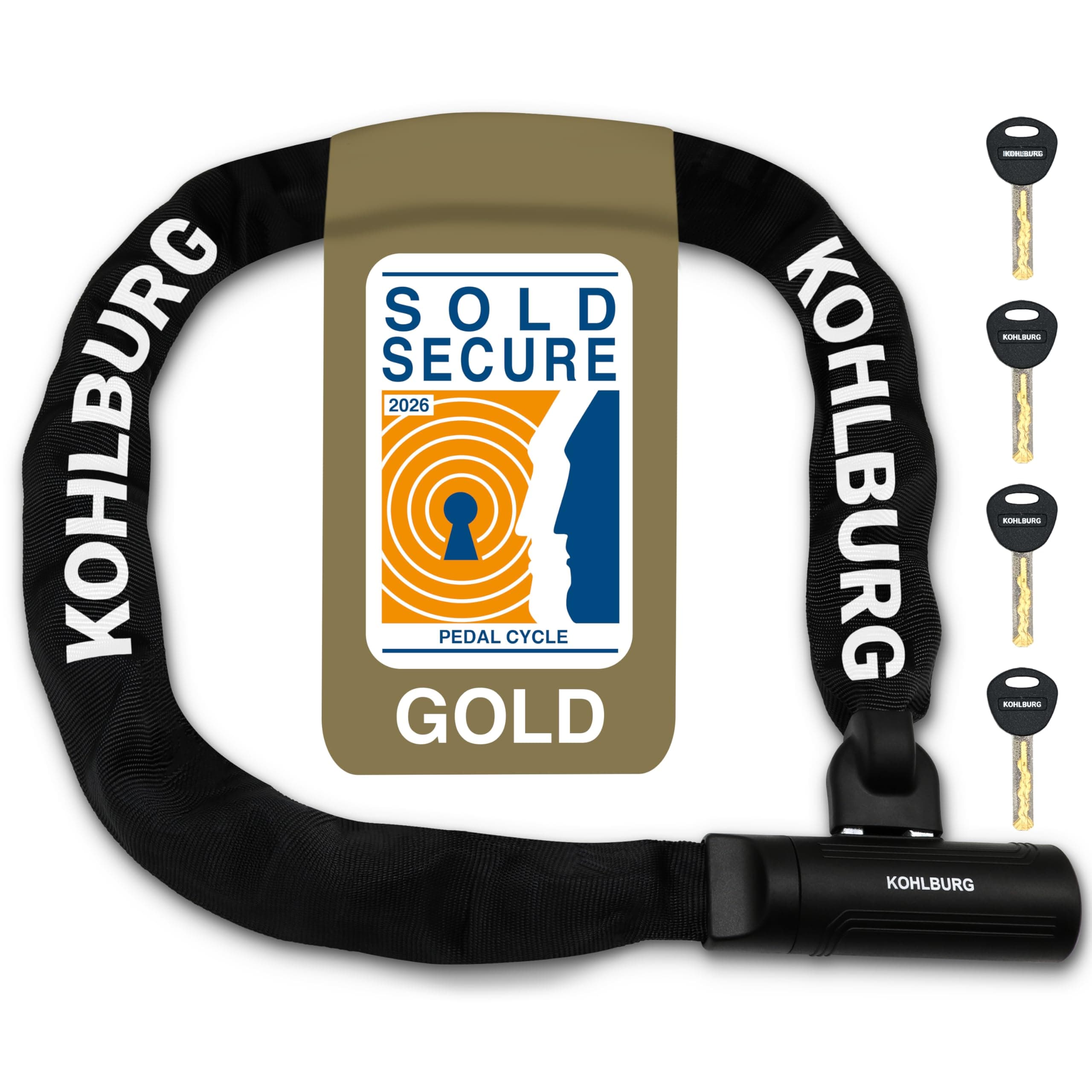 KOHLBURG Security Chain Lock Sold Secure Gold - 4ft / 125cm Extra-Long Bicycle Lock - high Security Standard - Heavy Duty Lock 0.33" Strong - Secure Bike Chain Lock for e-Bike Bicycle Motorbike