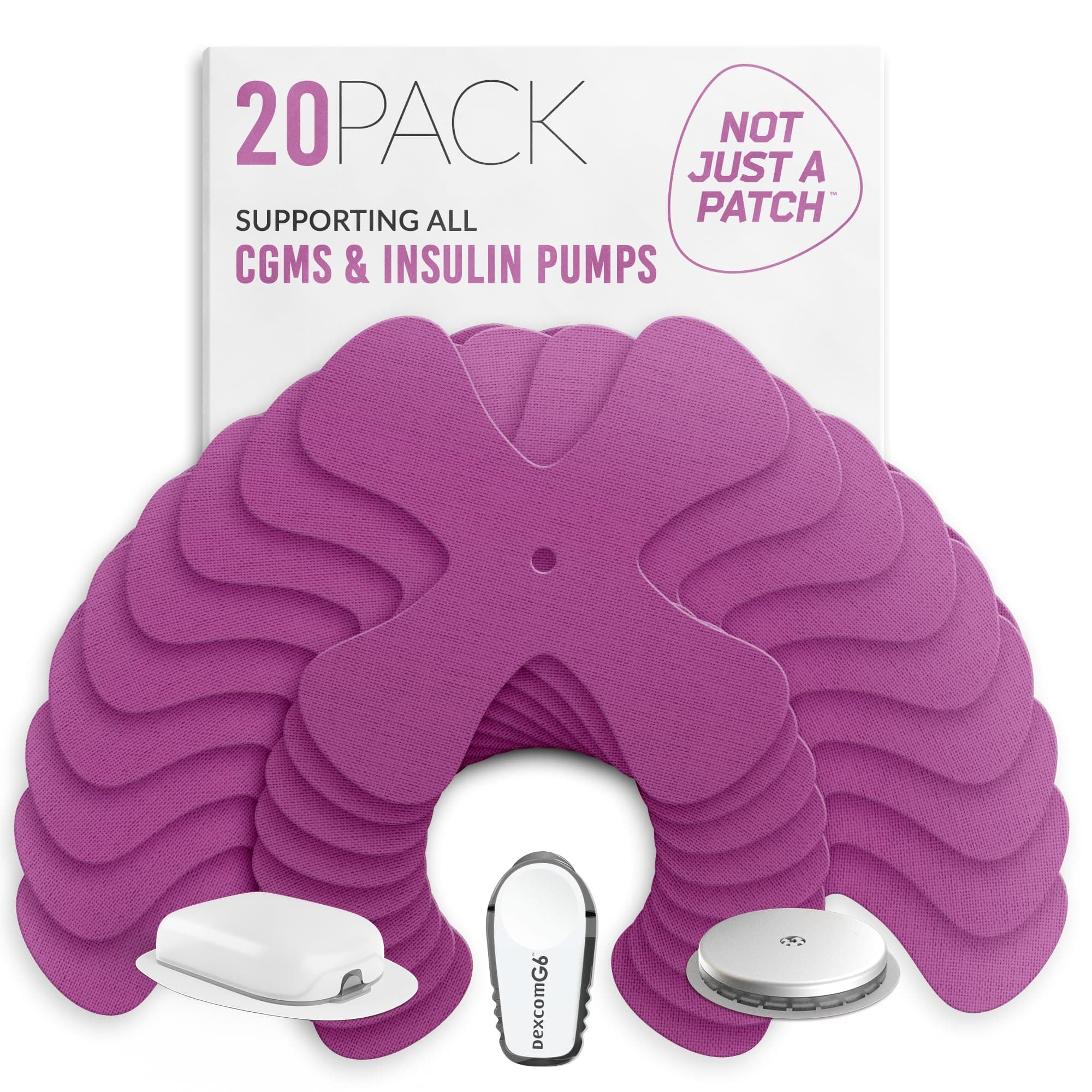 Not Just A Patch X-Patch CGM Sensor Patches (20 Pack) - Water Resistant Omnipod 5 Adhesive Patches - Durable for Active Lifestyle for 10-14 Days - Compatible with Dexcom G6, Libre 2 in Purple