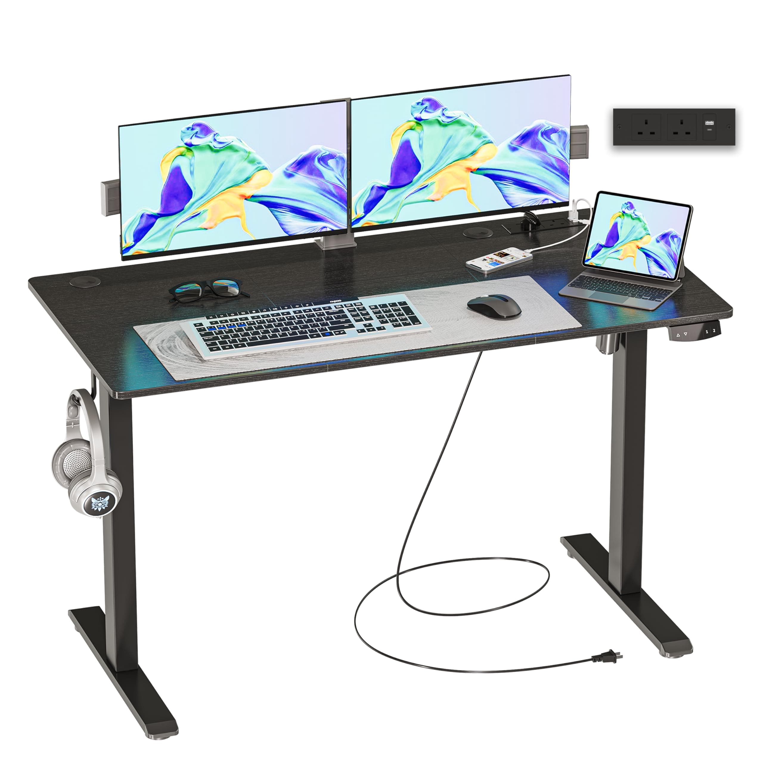JOISCOPE Height-Adjustable Desk, Memory Height, Standing Desk, with Outlets and USB & Tpye-C and Side Hook, Ideal for Office Desk and Home Desk, 120 x 60 cm, Black