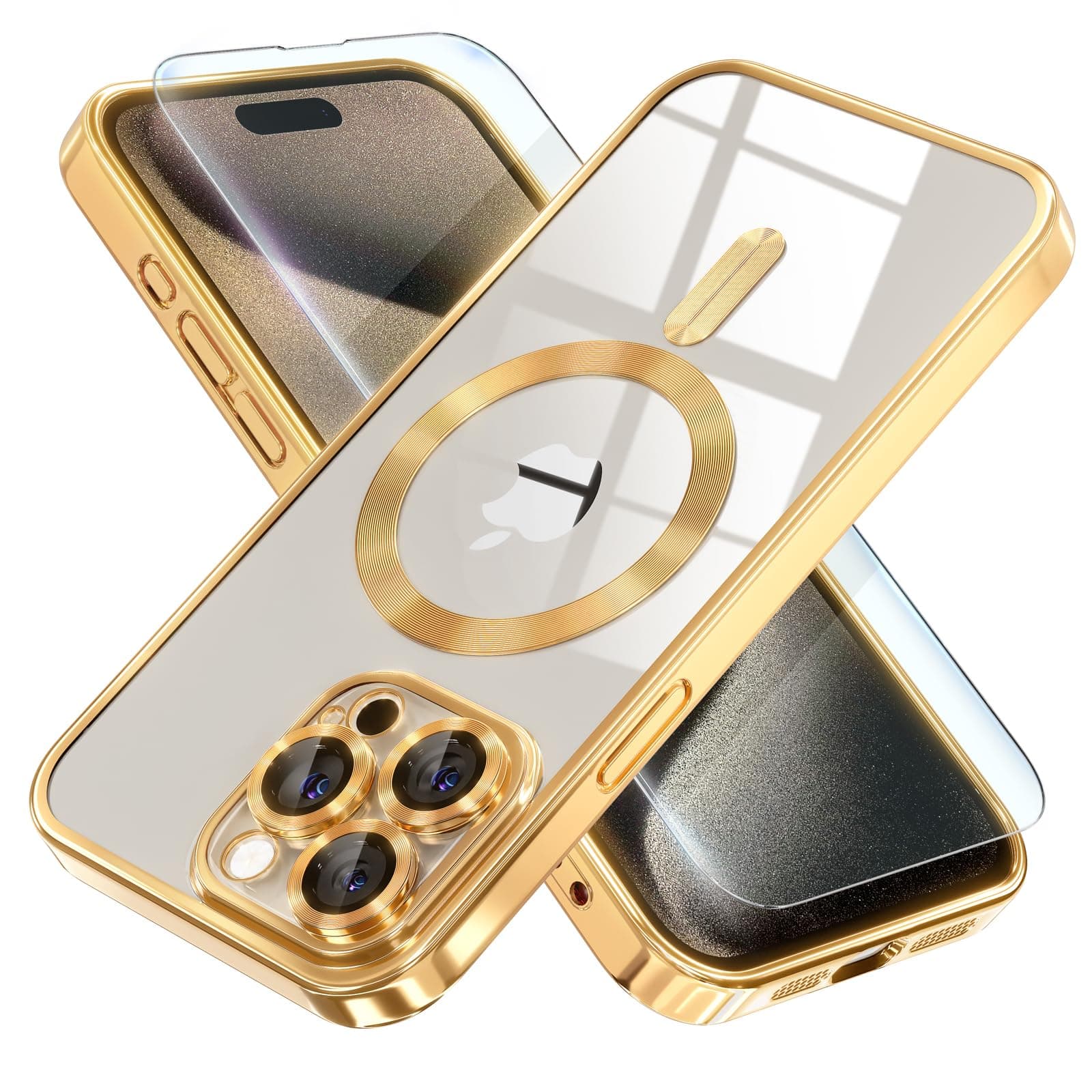 - Misea Magnetic for iPhone 15 Pro Max Case with MagSafe [Never Yellowing] [Military Grade Drop Protection] Full Camera Lens Protector Plating Soft Clear Phone Case for Women Girls, Gold