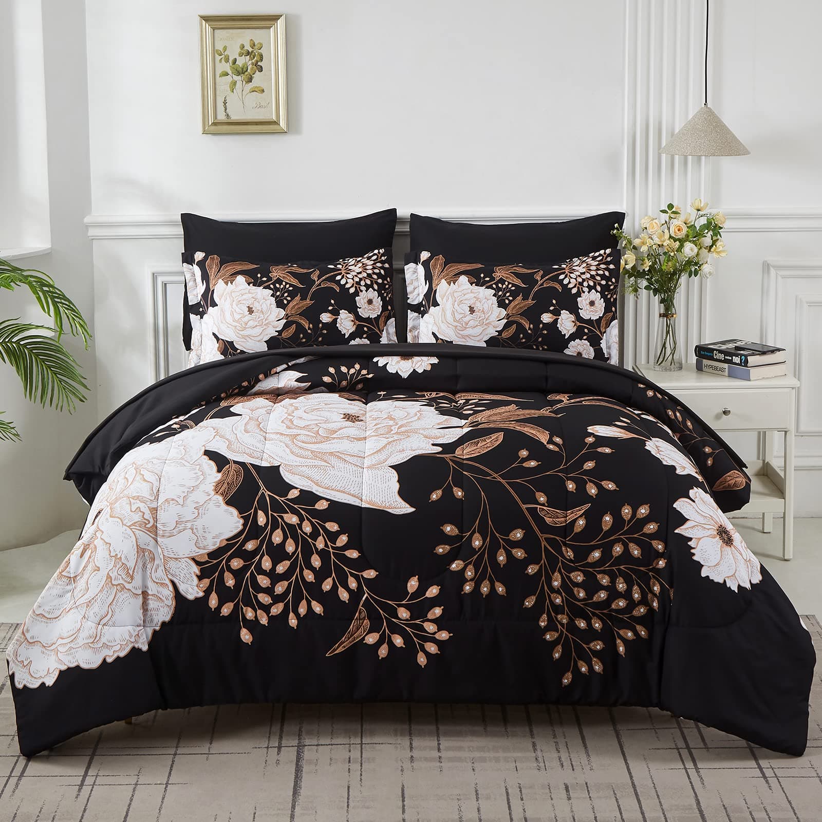7 Piece Bed in a Bag King Size Comforter Set Botanical Floral Bedding Set,White Flower Leaves Printed on Black Reversible Design,Soft Microfiber Comforter with Sheet Set,All Season(Black,King)