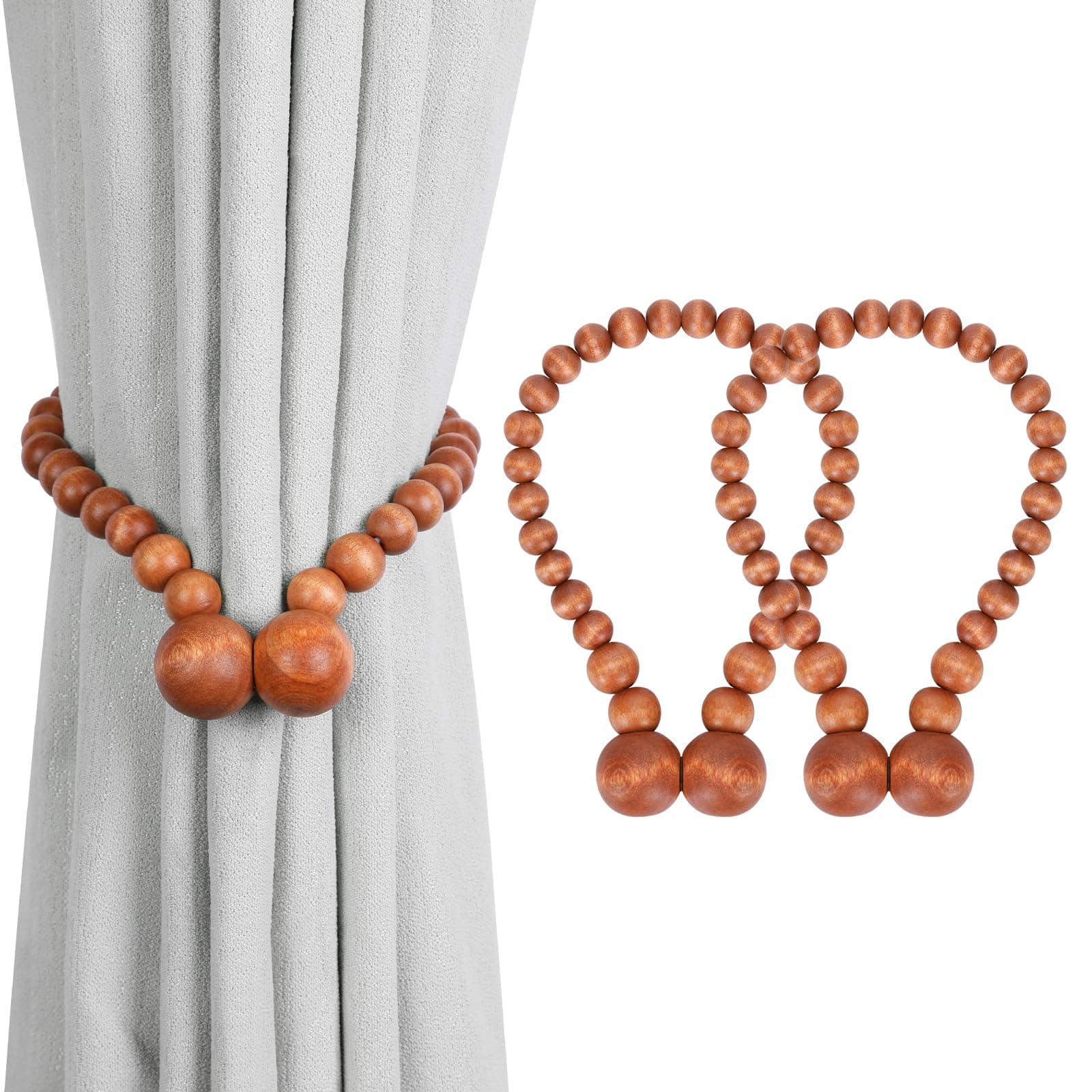 KLOGTSIND Magnetic Curtain Tiebacks, Curtain Tie Backs for Curtains 2 Pack, Wood Bead Curtain Tiebacks, Curtain Holders for Boho Bedroom Decor, Baby Nursery Decor, Farmhouse Decor