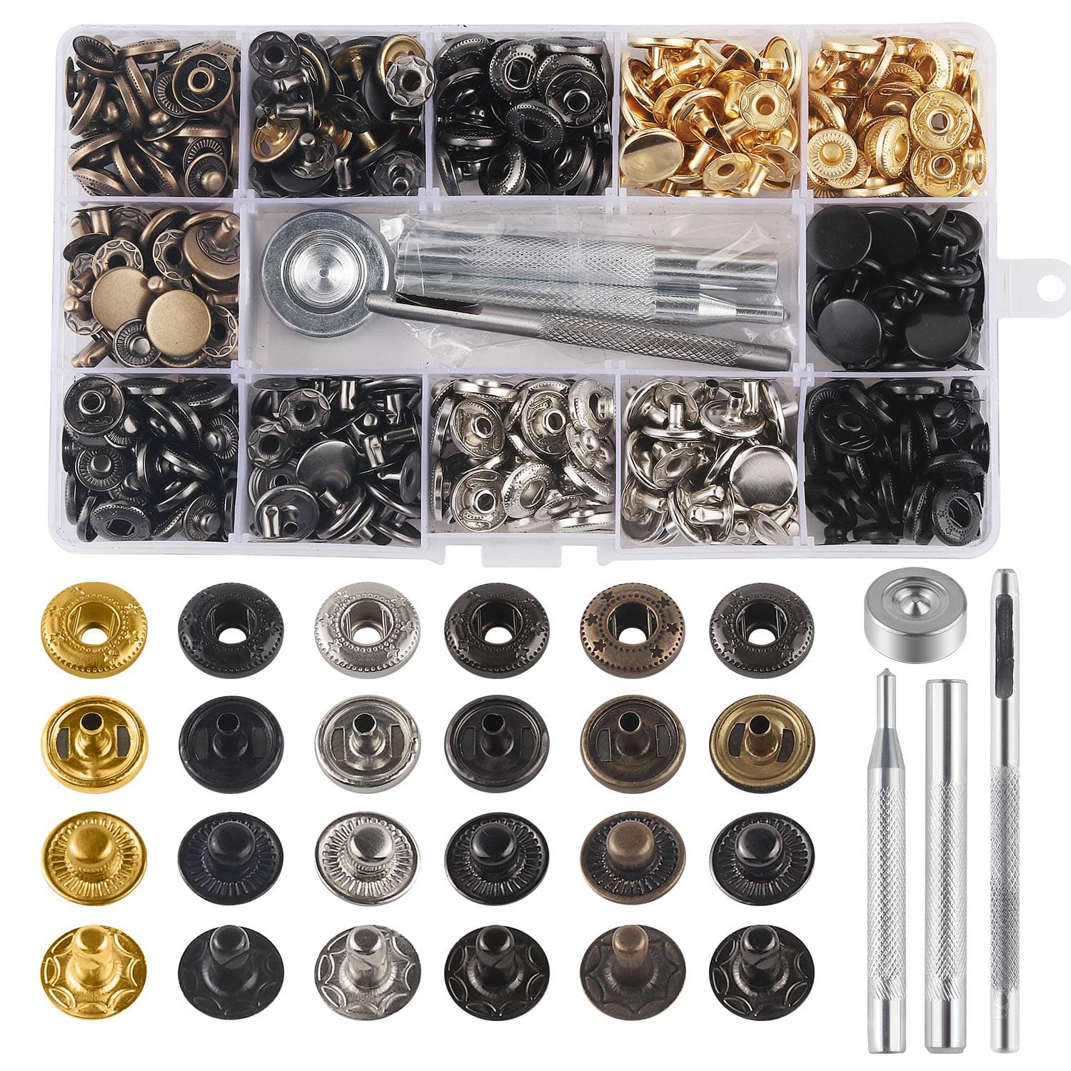 MSDADA 120 Sets Snap Fastener Kit Button Tool, Leather Snap Buttons Press Studs with 6PCS Clothing Snaps Kit Fixing Tools, Metal Snaps for Clothing Leather Craft Bracelet Jeans Wear Jacket Bags Belt