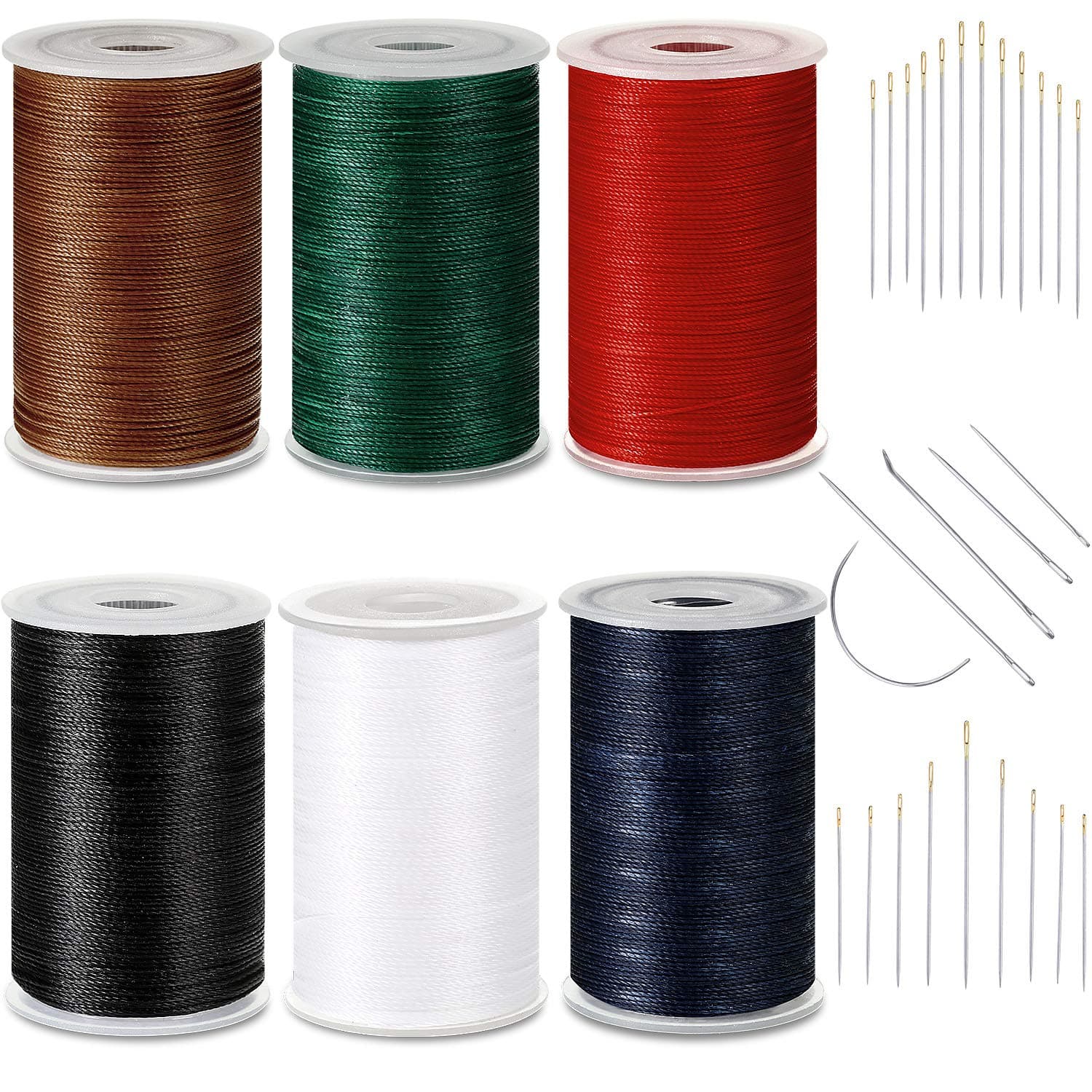 6 Rolls Strong Upholstery Thread High Strength Sewing Waxed Thread with Hand Stitching Needle Set for Denim Leather Craft DIY Machine (Black, White, Red, Dark Blue, Dark Green, Brown, 0.55 mm)