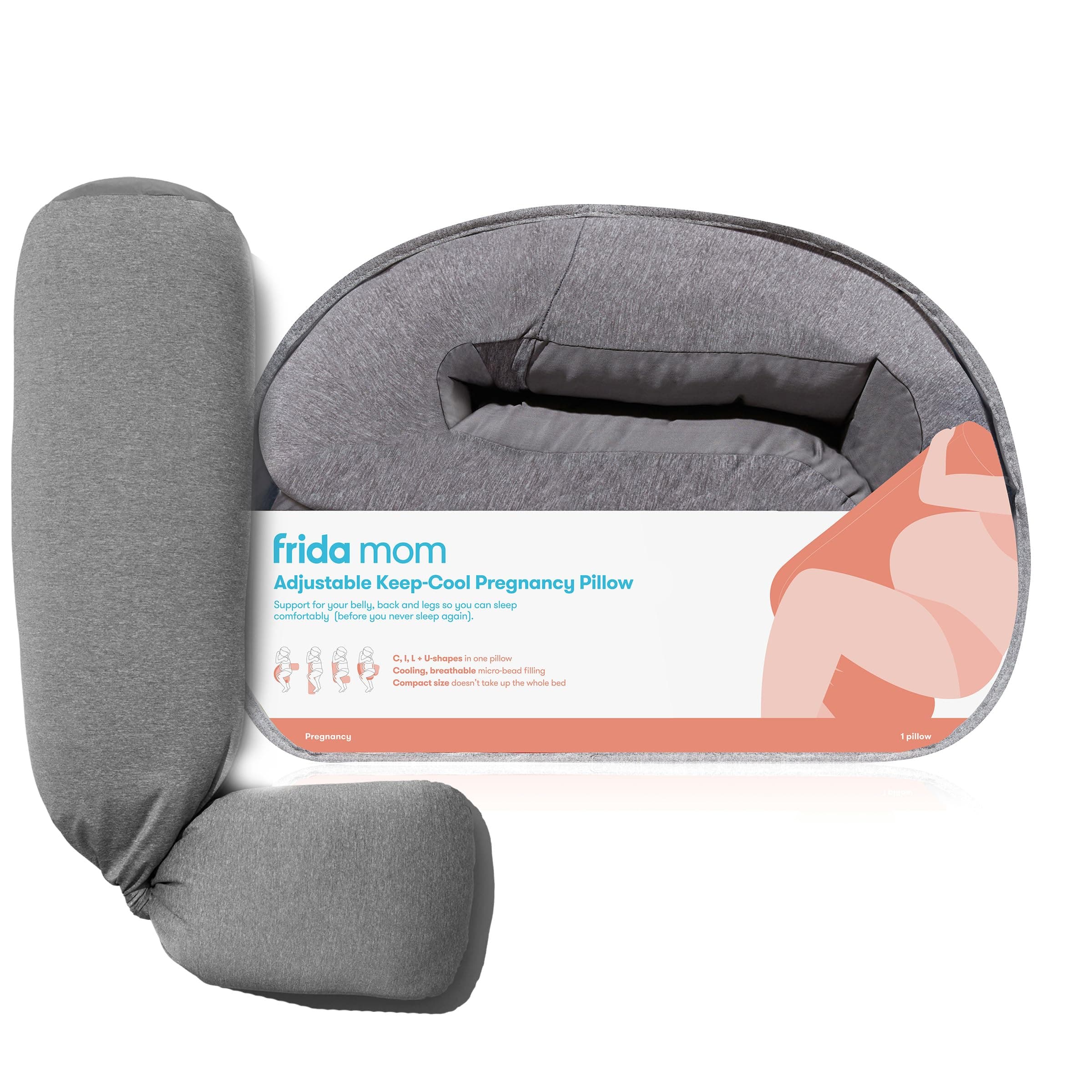 Frida Mom Adjustable Keep-Cool Pregnancy Pillow | Support for Belly, Hips + Legs for Pregnant Women | Breathable + Cooling Grey Fabric