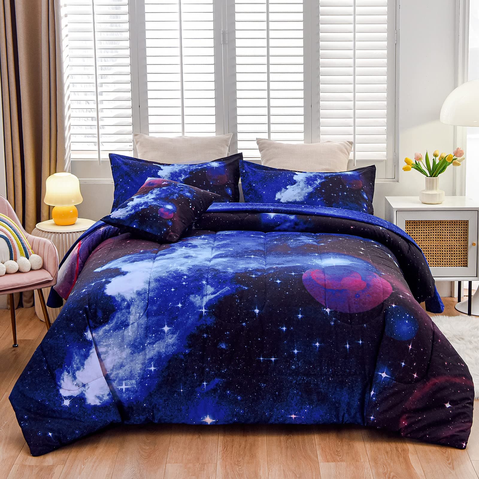 Galaxy 6Pcs Bedding Sets Outer Space Comforter Bed in a Bag 3D Printed Quilt,for Children Boy Girl Teen Kids,Twin 6Pcs