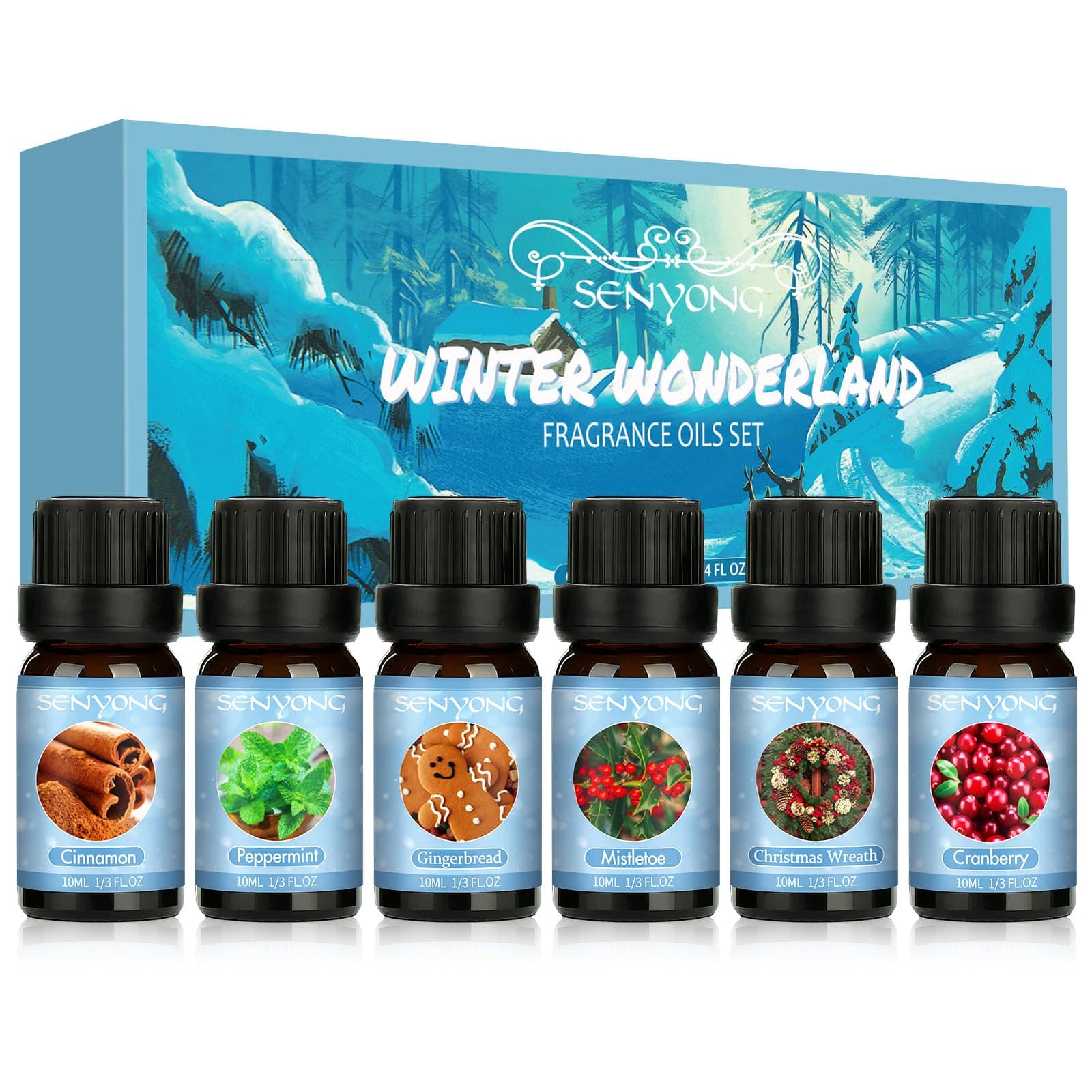 Winter Fragrance Oils Set, Premium Essential Oils Gift Set for Diffuser, Natural Scented Oils for Soap Candle Making - Cinnamon, Gingerbread, Mistletoe, Peppermint, Cranberry, Christmas Wreath