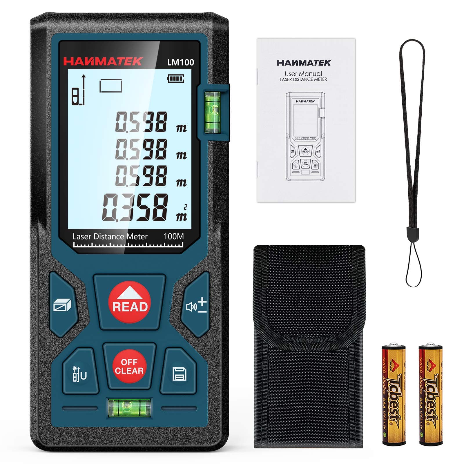 HANMATEK 328ft/100m Laser Measure Ft/In/M Switching LM100 Laser Measurement Tool Devices with 2 Bubble Levels Distance Meter,Large Backlit LCD and Pythagorean Mode, Carry Pouch and Battery Included