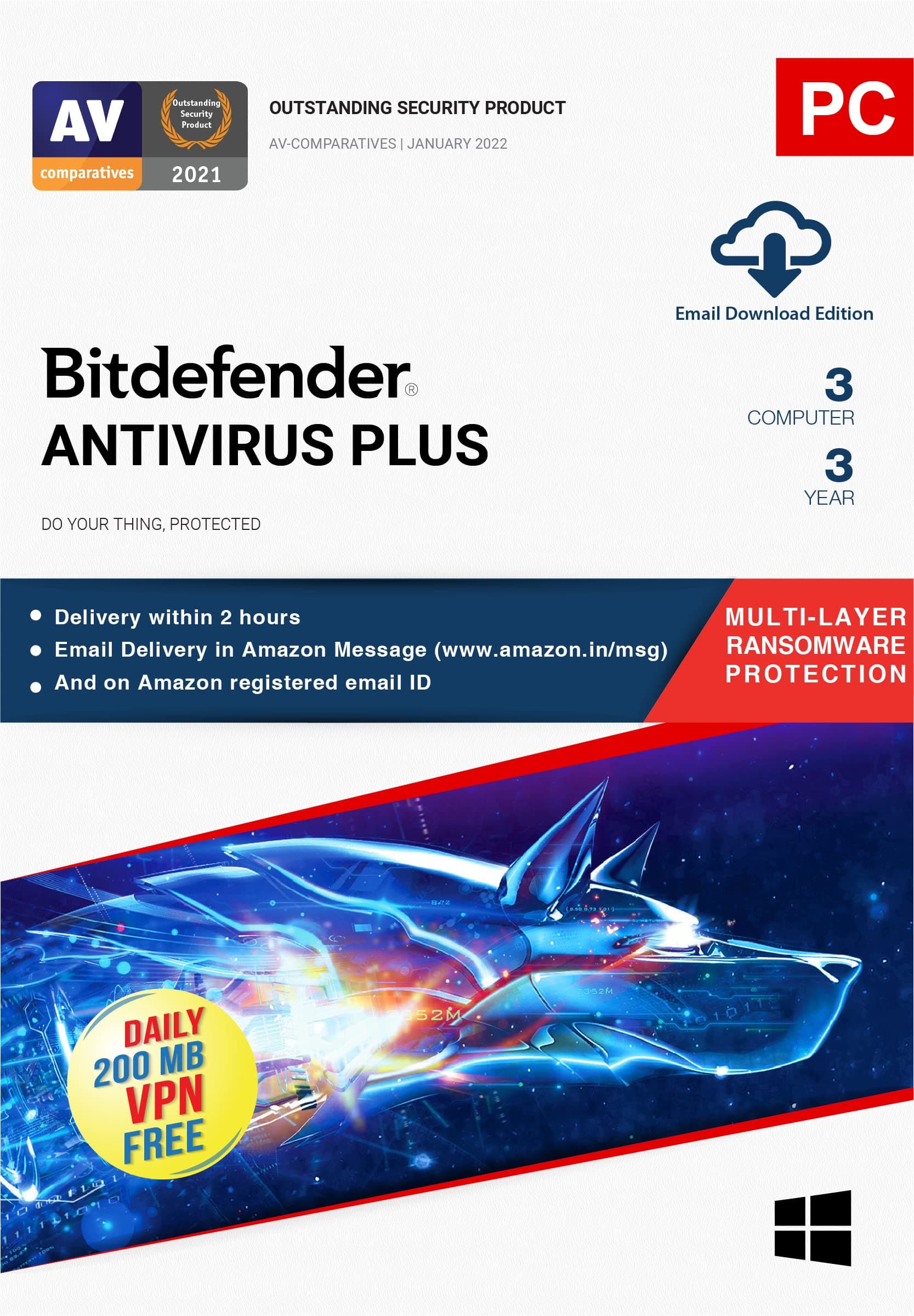Bitdefender - 3 Computer,3 Years - Antivirus Plus | Windows | Latest Version |(Single Activation Code) Email Delivery in 2 Hours- No CD |