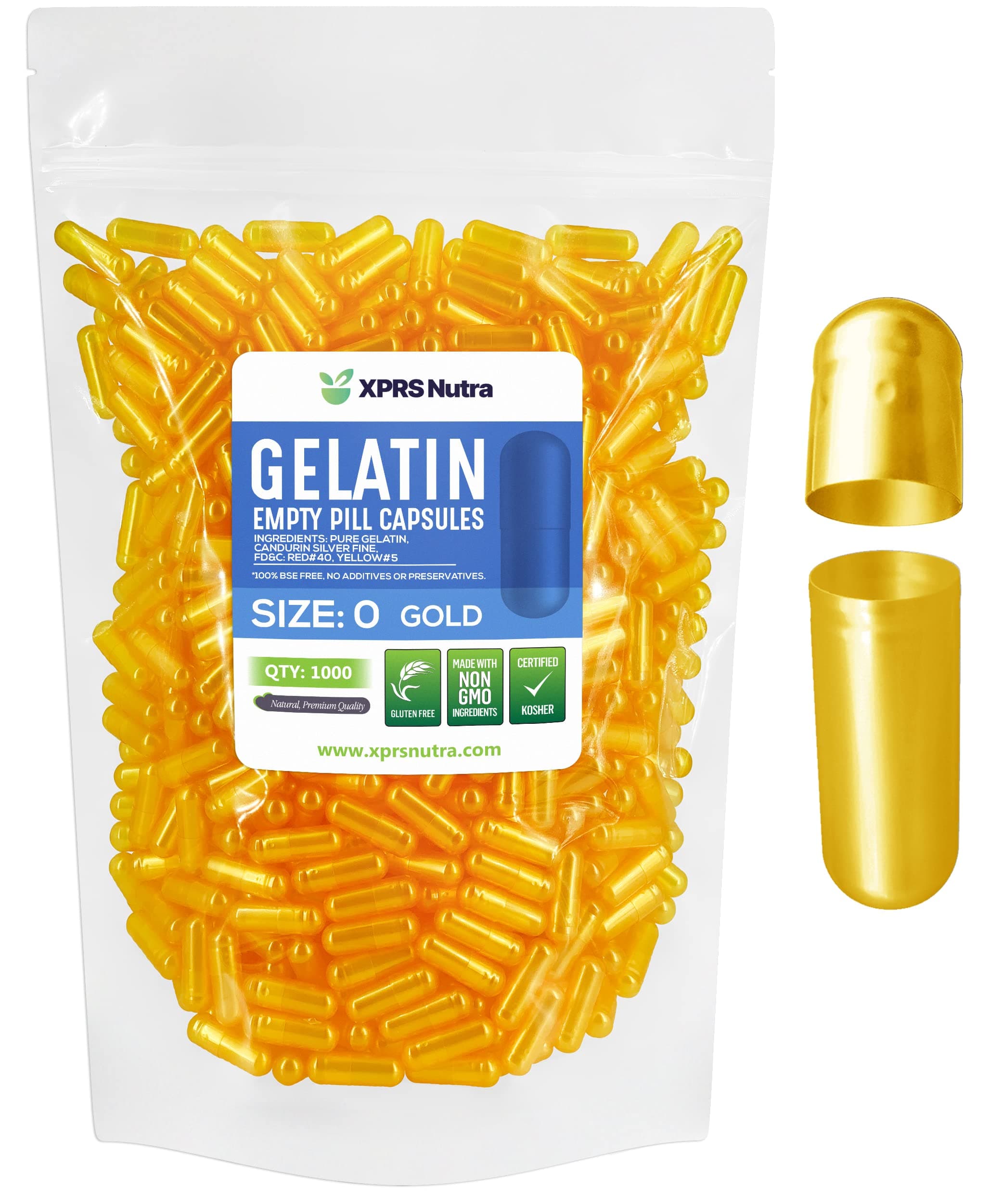 XPRS Nutra Size 0 Empty Capsules - 1000 Count Empty Gelatin Capsules - Pills DIY Capsule Filling - Pure Bovine Pill Gel Caps for Do-It-Yourself Supplements (Gold)