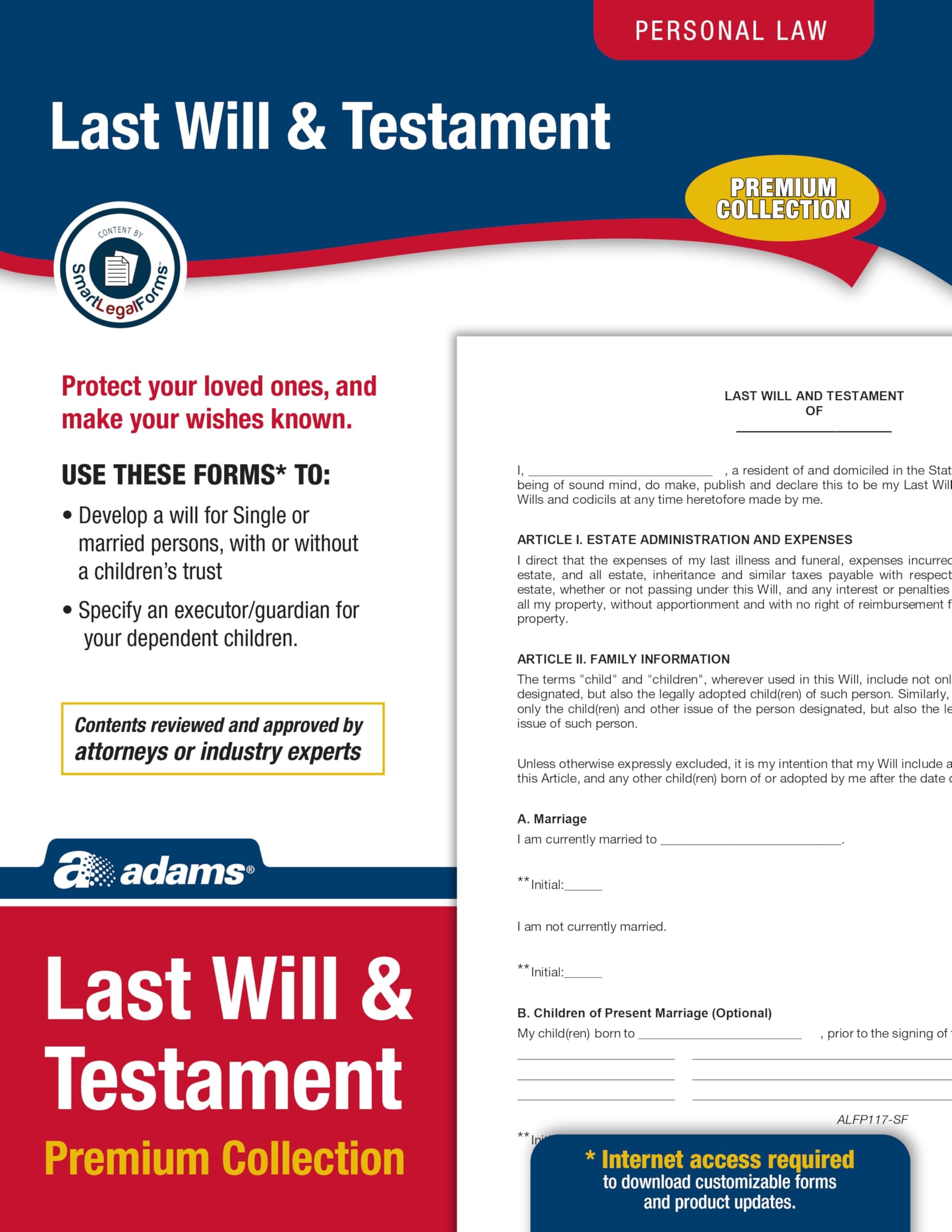 Adams Last Will & Testament Forms, Downloadable, Fillable Forms in PDF or Word Processing Format, Fill-in-the-Blank Worksheet Included (ALFP117)