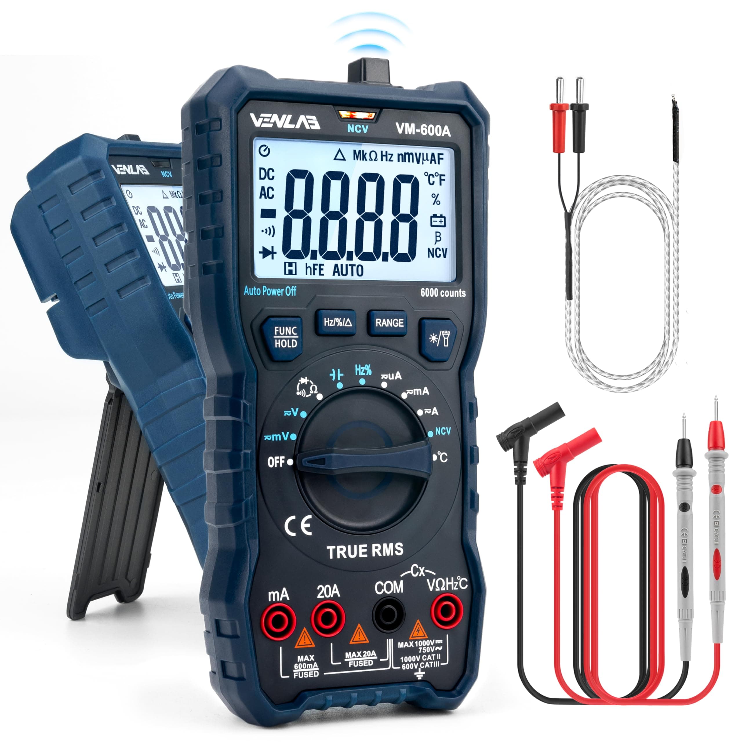 VENLAB Digital Multimeter, TRMS 6000 Counts Auto-Ranging, DC AC Volt Ohm Circuit Tester for Voltage, Current, Resistance, Diodes Continuity, Capacitance, Frequency, NCV, Temperature, Transistors