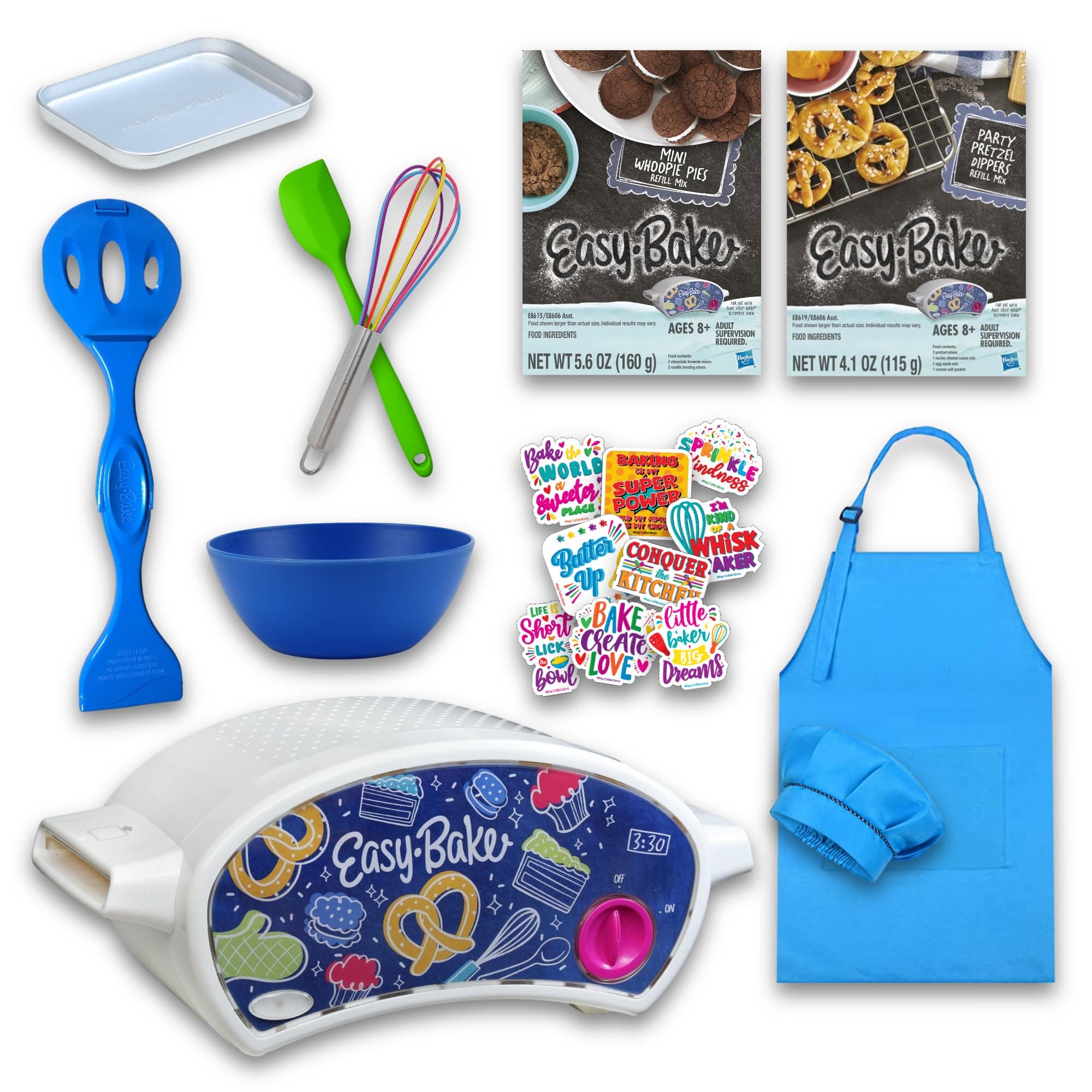 Ultimate Easy Baking Oven Bundle For Kids With 19 Items - Oven, 2 Refill Mixes, Apron, Hat, Bowl, Spatula, Whisk, 9 Stickers, Baking Pan & Tool (Bold Blue Baker Bundle)