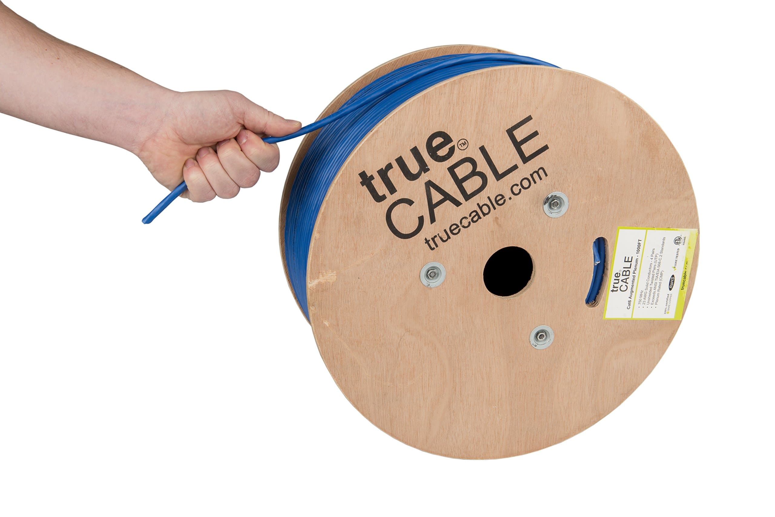 TRUE CABLE Cat6A Plenum Bulk Ethernet Cable (CMP), Unshielded UTP, 1000ft, Blue, 23AWG Solid Bare Copper, 750MHz, 10Gbps, PoE++ (4PPoE), ETL Listed