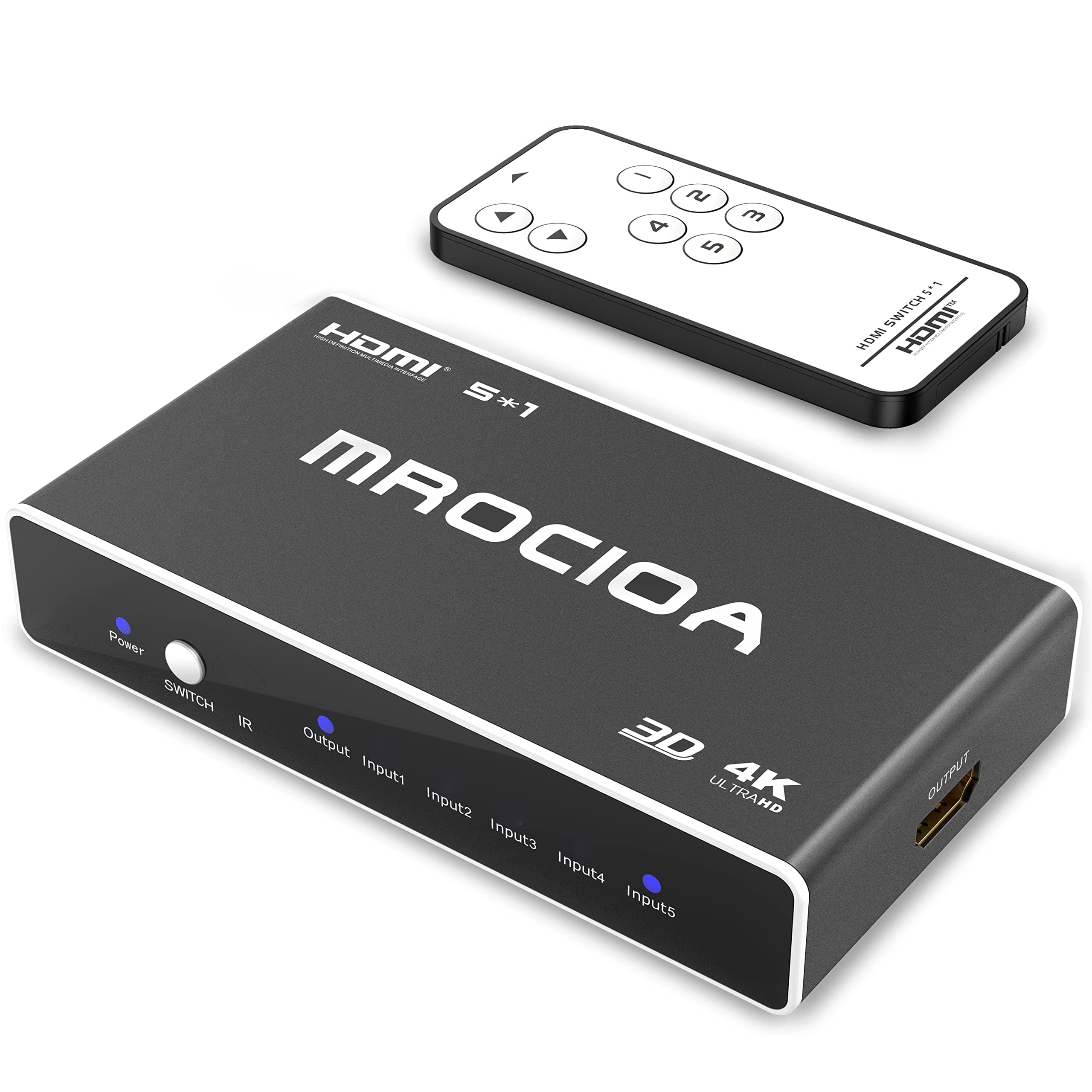 Mrocioa HDMI 2.0 Switch 5 in 1 Out with Remote, 4K@60Hz Splitter Switcher, HDCP 2.3, ARC, CEC, ALLM/VRR, Dolby Vision/HDR10+/Atmos, Aluminum+Acrylic, for PS5/4, Xbox, Apple TV, Fire TV