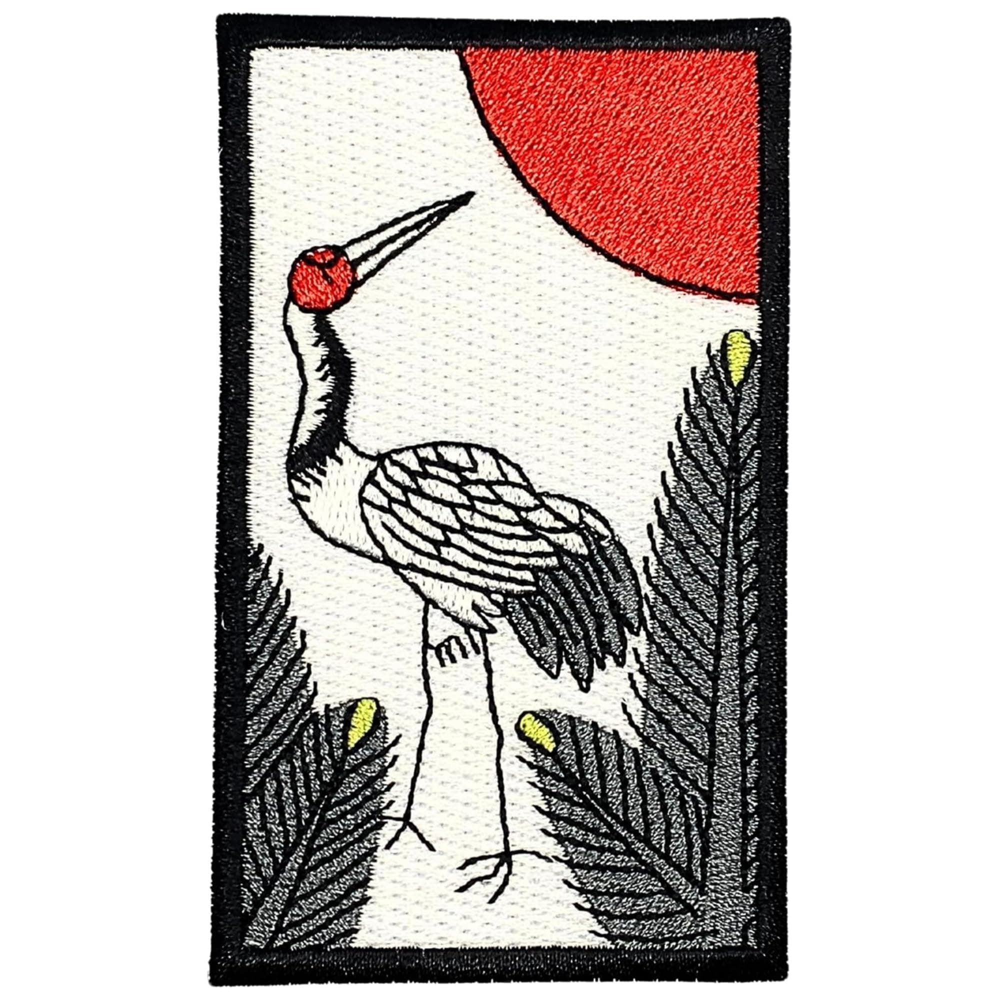 Japanese Crane Patch – Embroidered Hanafuda Card Design, Hook & Loop, Red Sun & Pine A0275