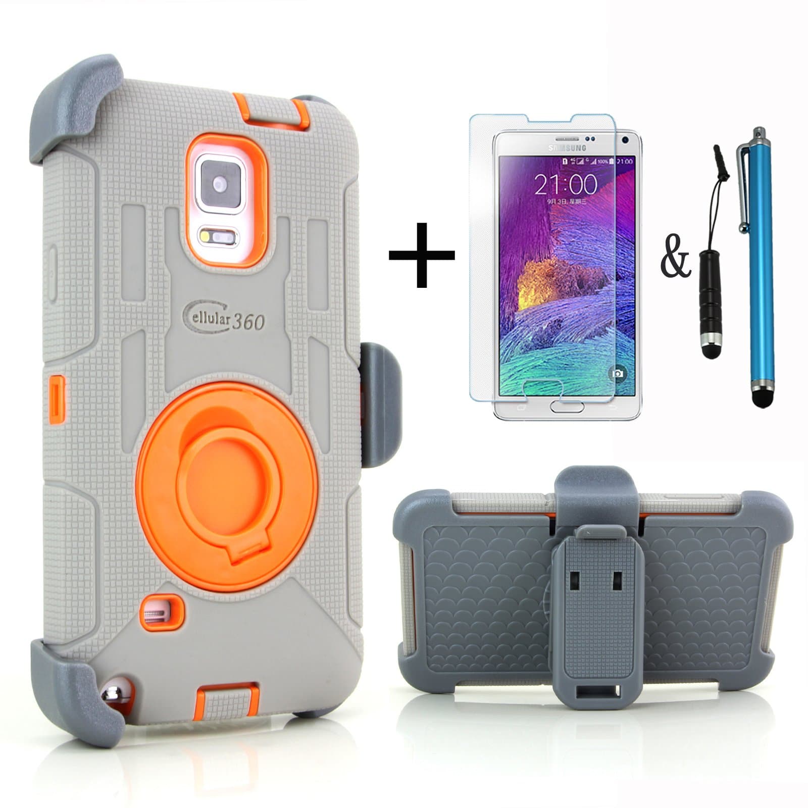 Cellular360 Ultra Shock&Drop-Proof Dust Proof Protective Case and Face-in and Out Holster for Samsung Galaxy Note 4 ( Released in 2014) - Extremely Protective Dual layer Case with 360 Degrees Swivel Ring Kickstand and Rugged Holster 1 Headphone Jack Mini Stylus , 1 Regular Sized Stylus and 1 Anti-Glare Fingerprints Free Screen Protector (Grey and Orange)