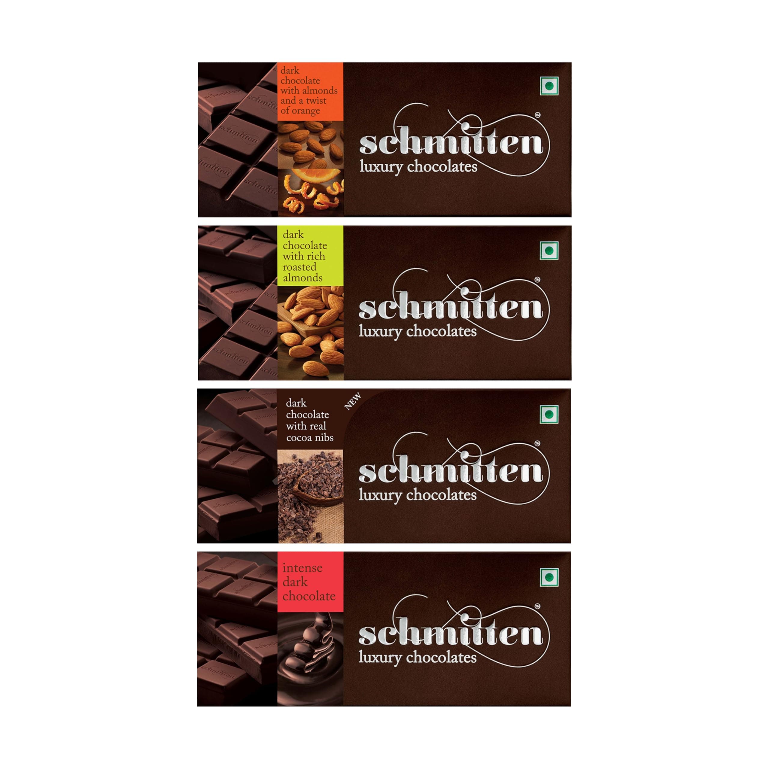Schmitten Assorted Dark Chocolate Bars Gift Pack | Intense Dark, Cocoa Nibs, Roasted Almond & Orange | 4 Varieties x 70g, 280g | Chocolate Gift Box for Birthdays, Anniversaries & Festivities