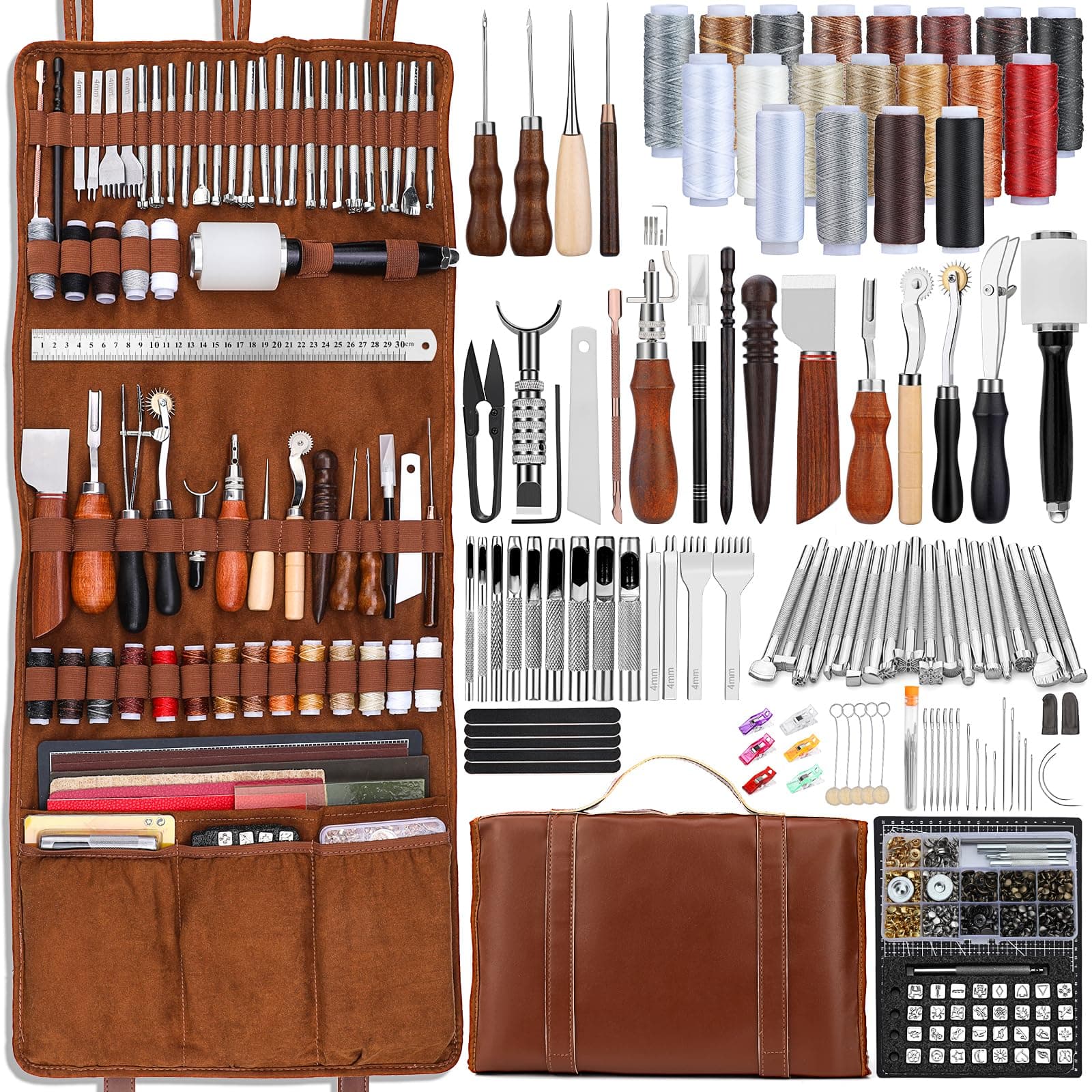 TLKKUE Leather Tools Kit Leather Craft Tools Leather Work Kit with Custom Handbag Cutting Mat for Carving, Punching, Sewing, Stamping, Sanding Tools, Crafting Work Professional