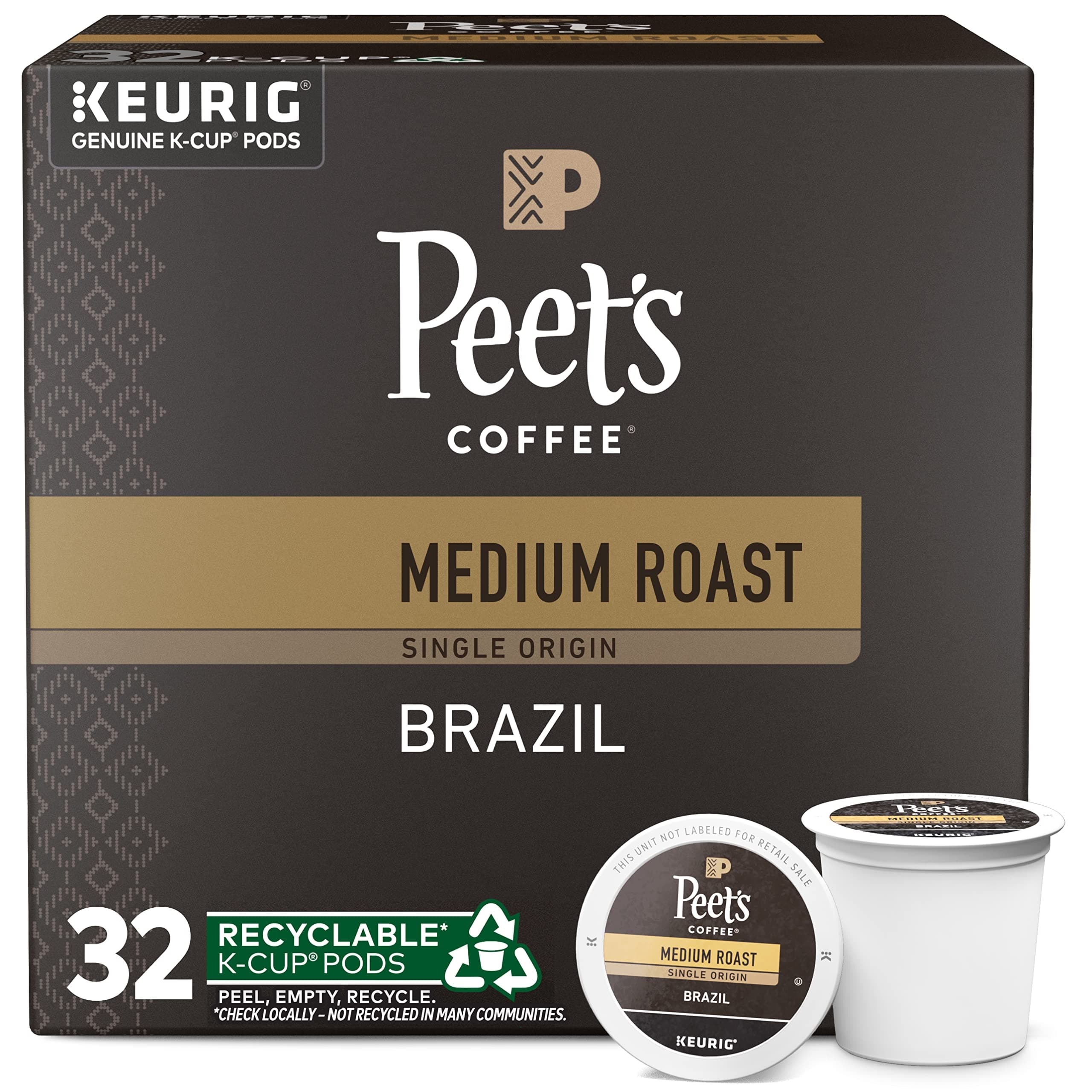 Single Origin Brazil, Medium Roast, 32 Count Single Serve K-Cup Coffee Pods for Keurig Coffee Maker, Brazil Minas Naturais, 32 Count (1 Pack of 32 Cups)