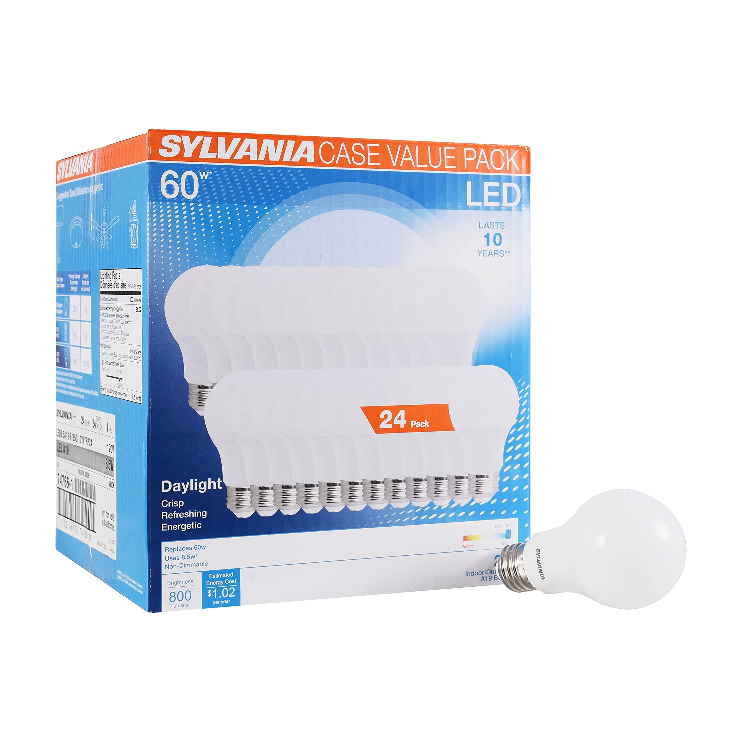 Sylvania LED A19 Light Bulb, 60W Equivalent, Efficient 8.5, 10 Year, W, 5000K, 800 Lumens, Frosted, Daylight (74766) (Pack of 1, 24 Count Total)